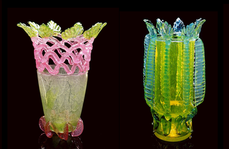  Dale Chihuly, (left)  Clear Pale Green and Rose&nbsp;Piccolo Venetian&nbsp;with Ribbons and Leaves  (1995, glass, 10 x 9 x 8 inches), DC.239, and (right)  Brilliant   Yellow &nbsp; Piccolo Venetian &nbsp; with Light Sky Blue Leaves  (1995, glass, 8 
