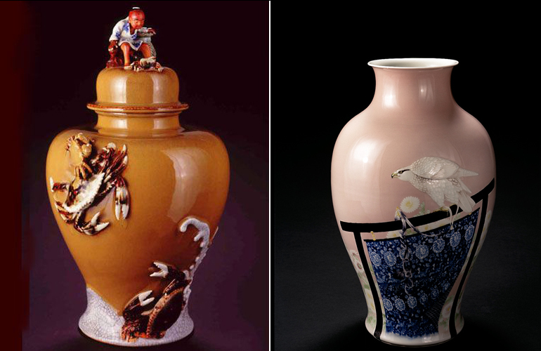  Japanese Meiji works. (left)&nbsp;Sumida Gawa,  Crab Catcher Vase  (c. 1900, ceramic, 18 1/2 x 11 1/4 x 10 1/4 inches), MJ.53, and (right)&nbsp;Miyagawa Kozan,  Vase with a Tethered Hawk  (c. 1900, porcelain, 16 3/4 x 10 x 10 inches), MJ.47 