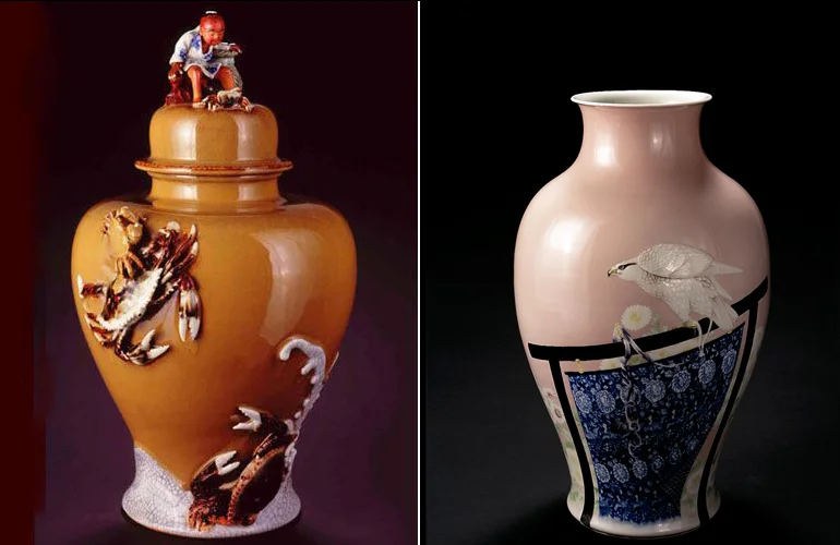 Japanese Meiji works. (left) Sumida Gawa, Crab Catcher Vase (c. 1900, ceramic, 18 1/2 x 11 1/4 x 10 1/4 inches), MJ.53, and (right) Miyagawa Kozan, Vase with a Tethered Hawk (c. 1900, porcelain, 16 3/4 x 10 x 10 inches), MJ.47