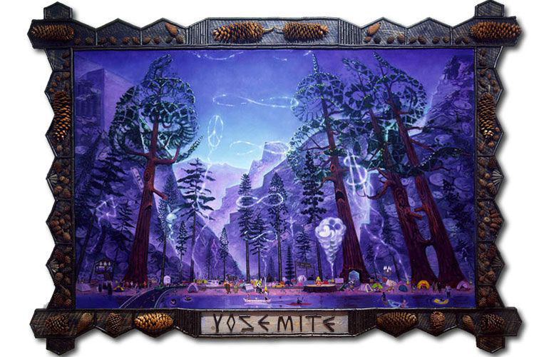  Frank Moore,&nbsp; Yosemite &nbsp;(1993, oil on canvas with wood frame and pinecone attachments, 105 x 149 inches), FRM.1 