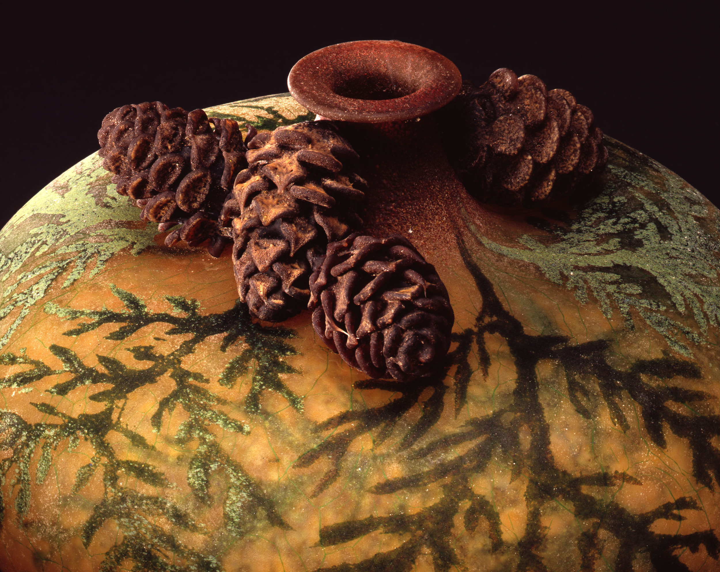  Detail - William Morris,  Vase with Cedar Boughs and Cedar Cones  &nbsp; (2004, glass, 7 7/8 x 9 1/8 x 9 1/8 inches), WM.30 