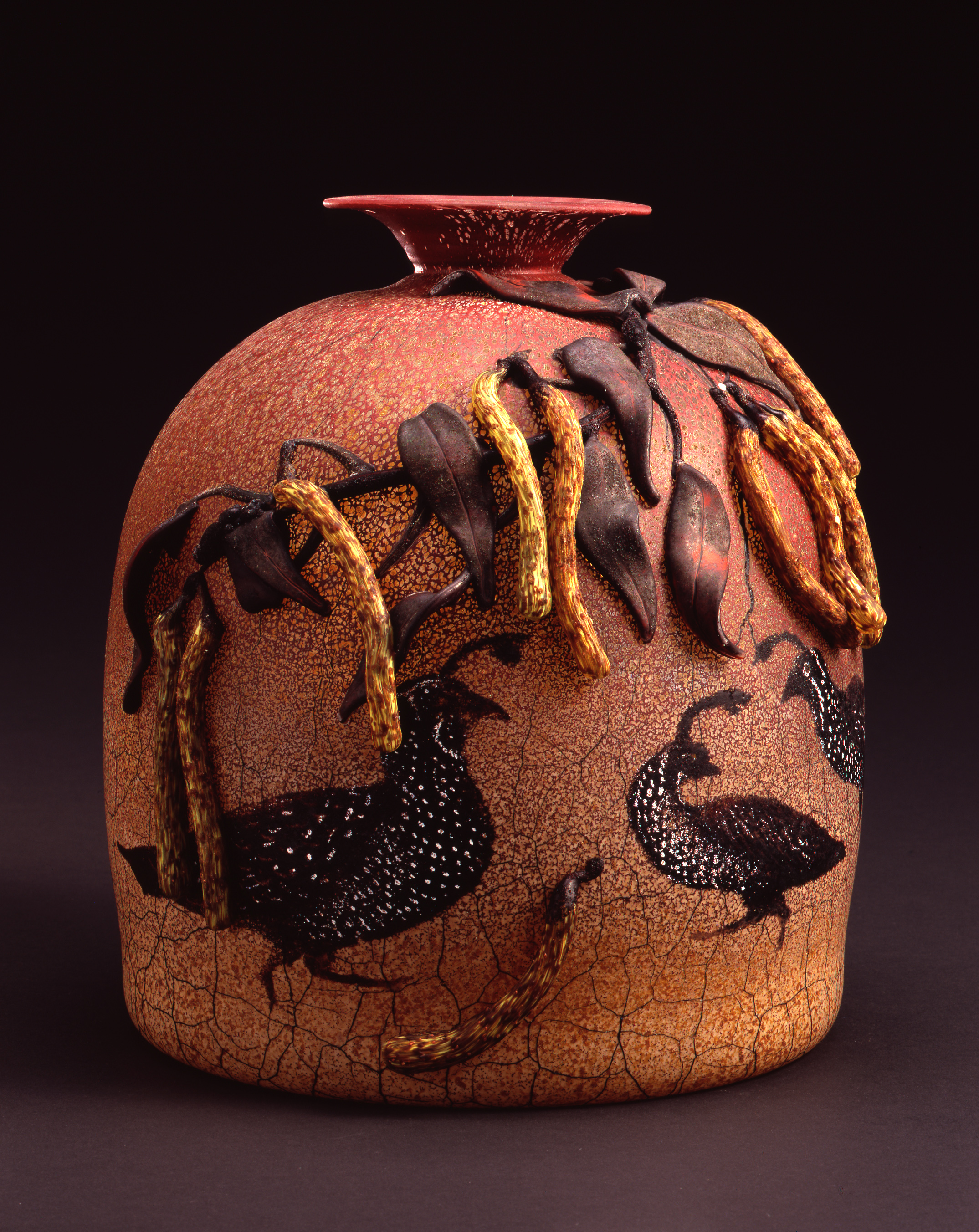 William Morris, Vessel with California Quail and Locust Pods (2004, glass, 10 5/8 x 10 1/2 x 9 1/2 inches), WM.38