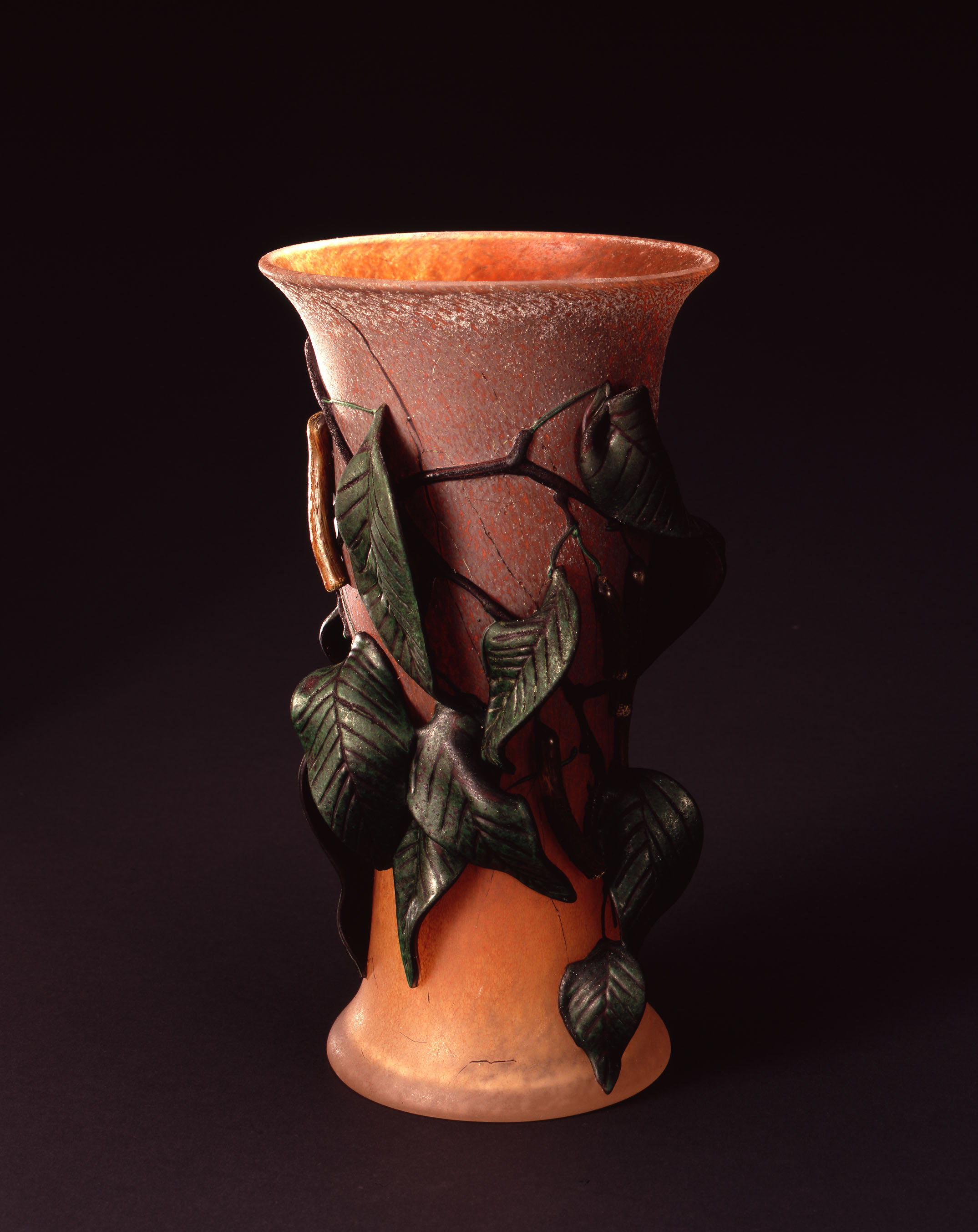William Morris, Vase with Leaves and Locust Pods (2004, glass, 11 3/8 x 6 1/4 x 6 1/4 inches), WM.46