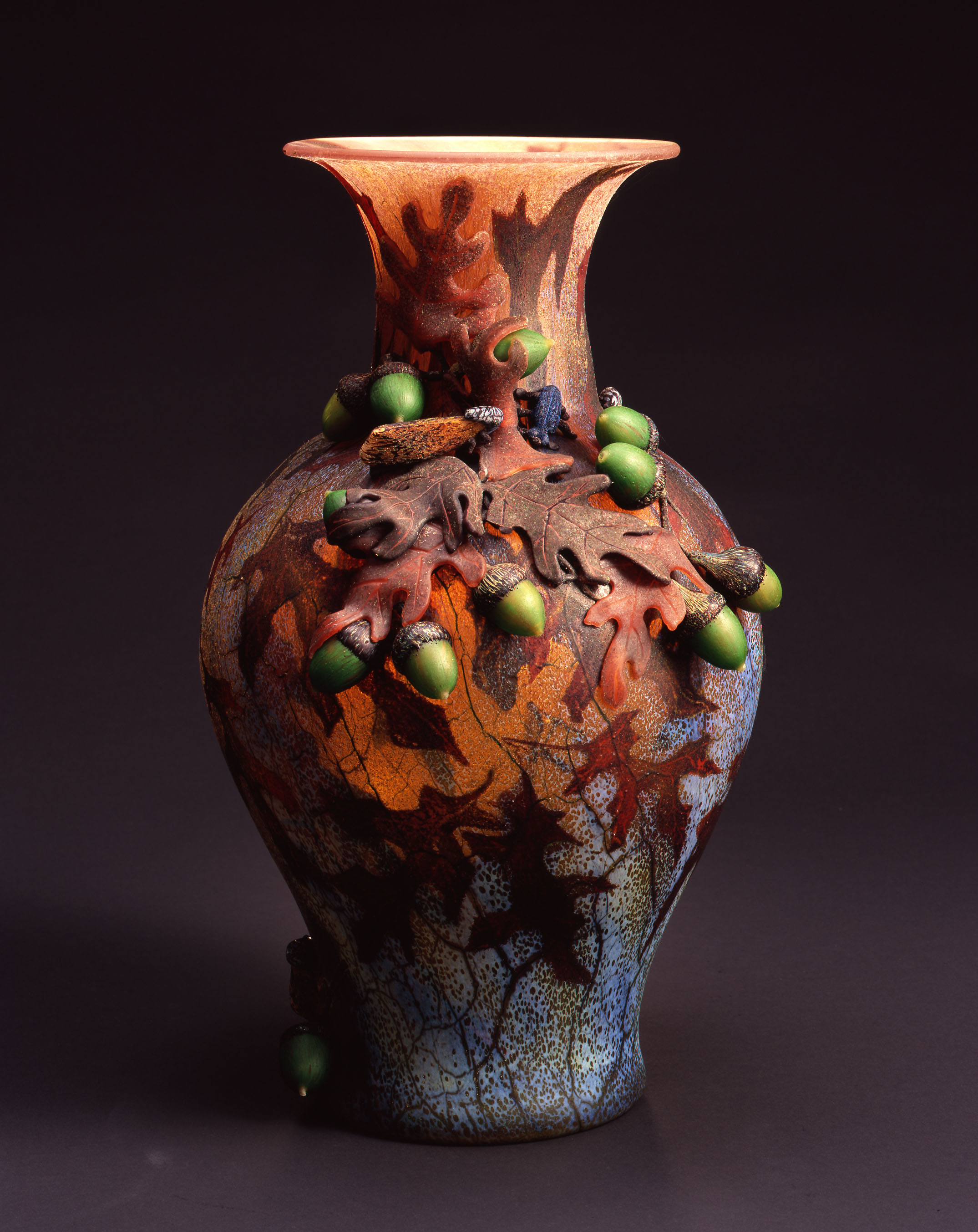 William Morris, Vase with Oak Leaves, Acorns and Moth (2004, glass, 15 11/16 x 9 1/4 x 8 3/4 inches), WM.47