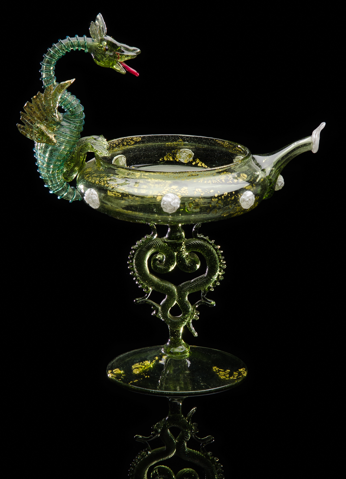  Salviati and Company,&nbsp; Green Dragon Ewer with White Prunts and Winged Stem&nbsp; (glass), VV.220 