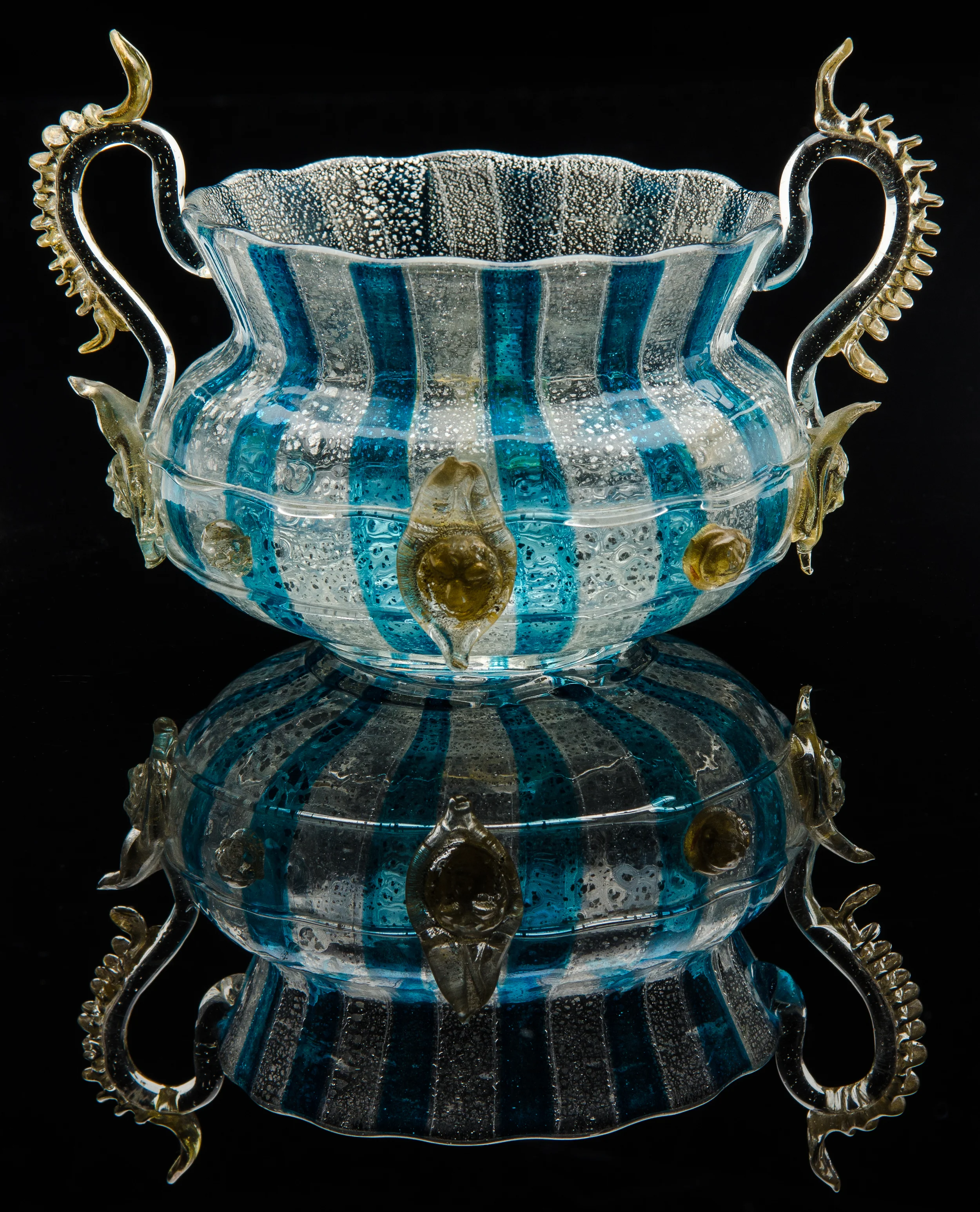 Salviati and Company, Blue and Clear Double-Handled Bowl with Gold Prunts (circa 1895, glass), VV.274