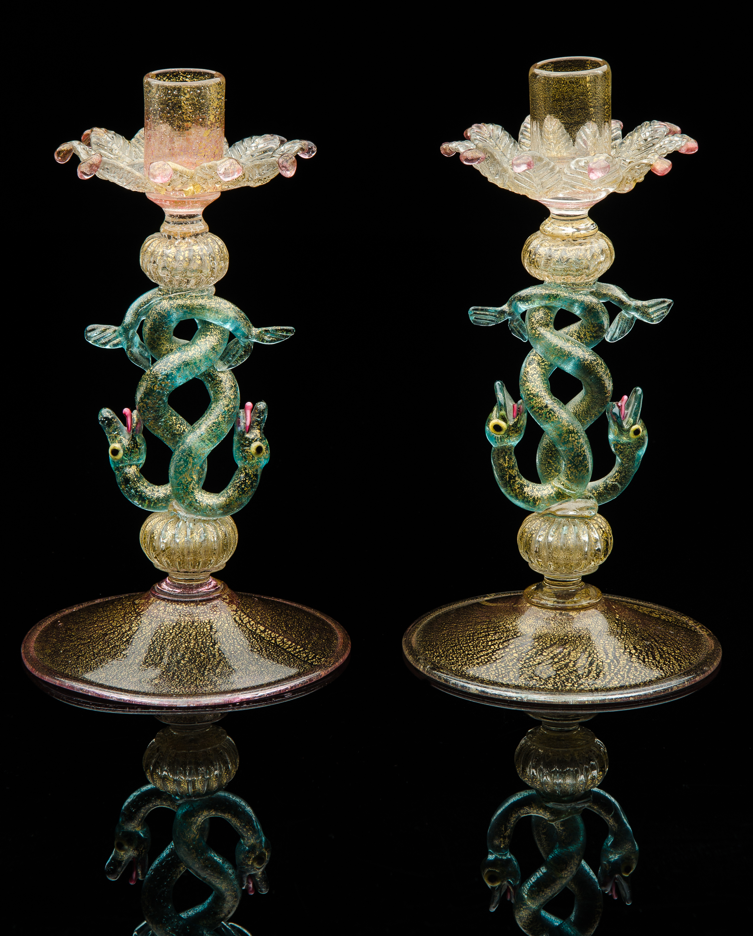  Salviati and Company,&nbsp; Pair of Aventurine Candlesticks with Double Serpent Stems&nbsp; (glass), VV.334.1-.2 