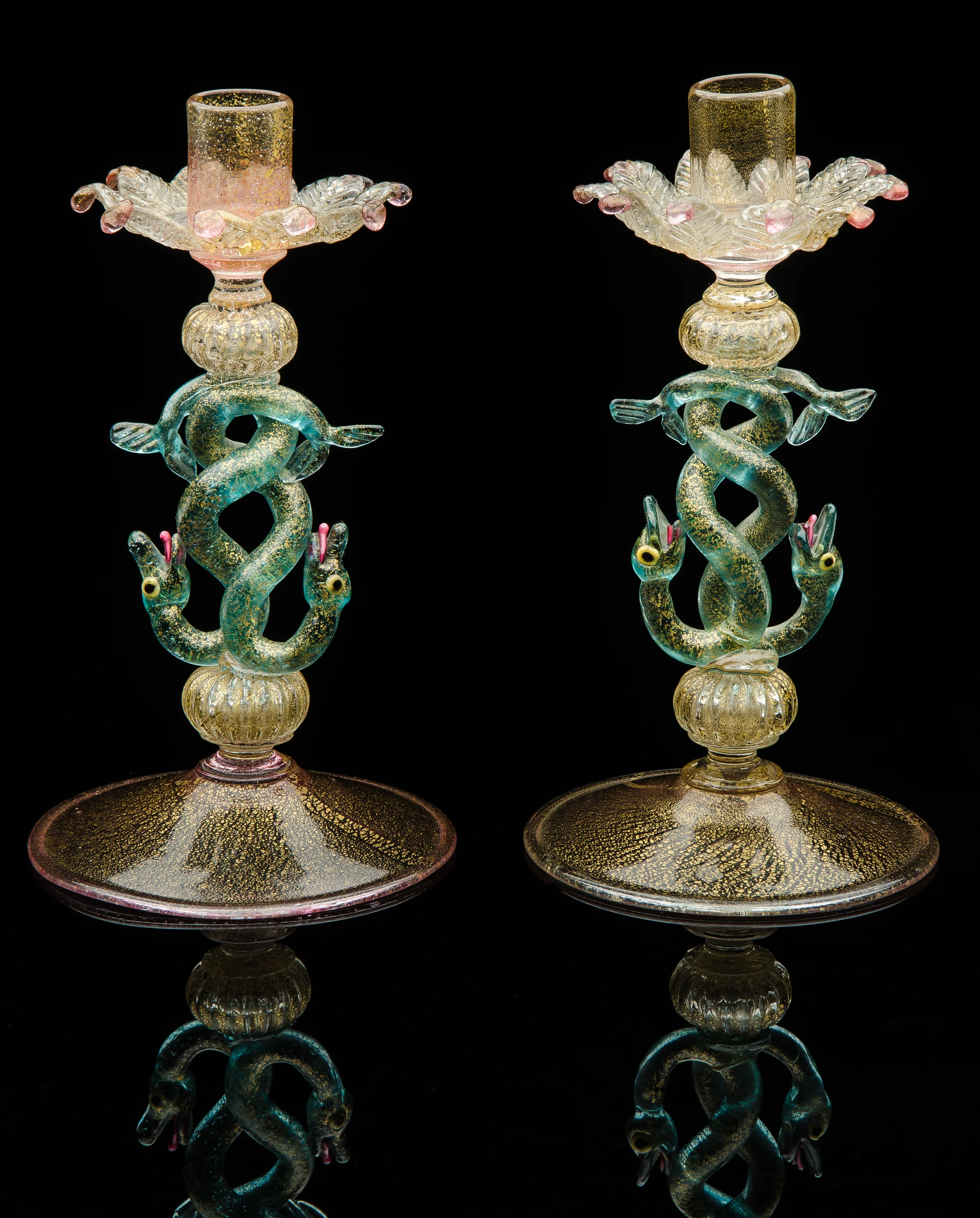 Salviati and Company, Pair of Aventurine Candlesticks with Double Serpent Stems (glass), VV.334.1-.2