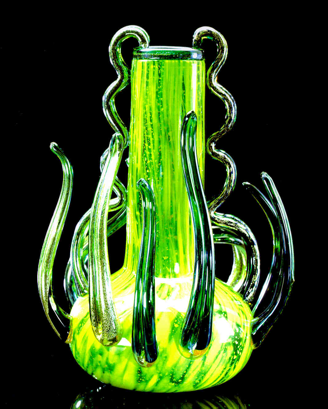  Dale Chihuly,  Moss Green Piccolo Venetian with Two Coil Handles and Prongs&nbsp; (1994, glass, 9 x 7 x 7 inches) 