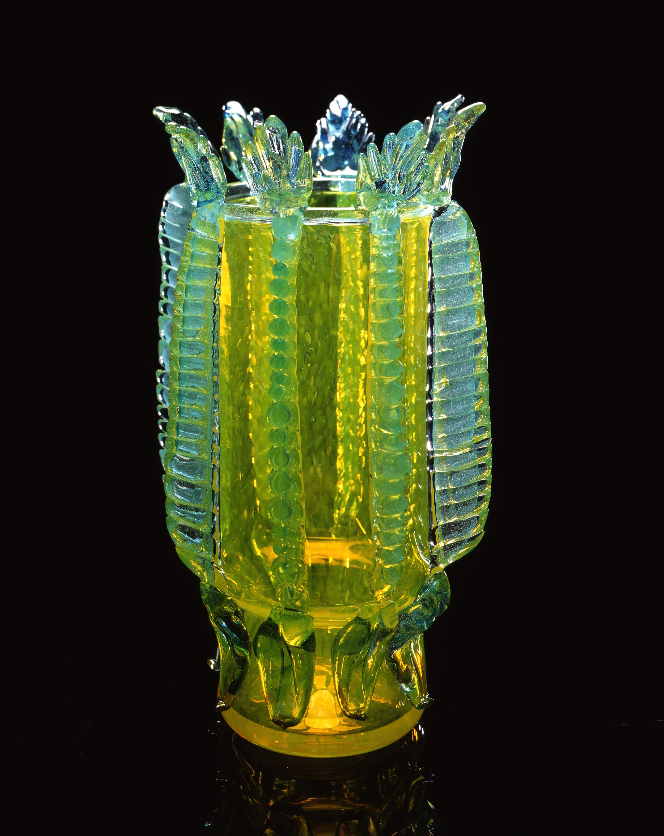 Dale Chihuly, Brilliant Yellow Piccolo Venetian with Light Sky Blue Leaves (1995, glass, 8 x 5 x 5 inches)