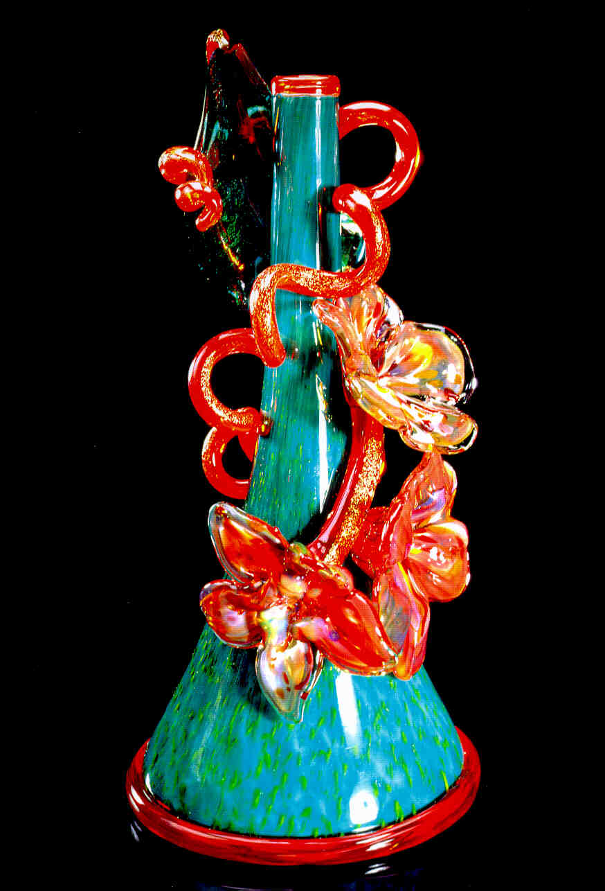  Dale Chihuly,&nbsp; Teal Piccolo Venetian with Poppy Red Coil and Flowers &nbsp;(1995, glass, 10 x 5 x 5 inches) 