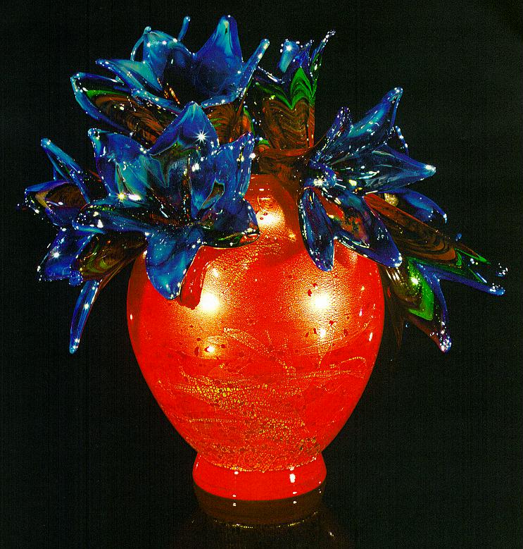  Dale Chihuly,&nbsp; Spitfire Red Piccolo Venetian with Cobalt Orchids &nbsp;(1997, glass, 10 x 9 x 8 inches) 