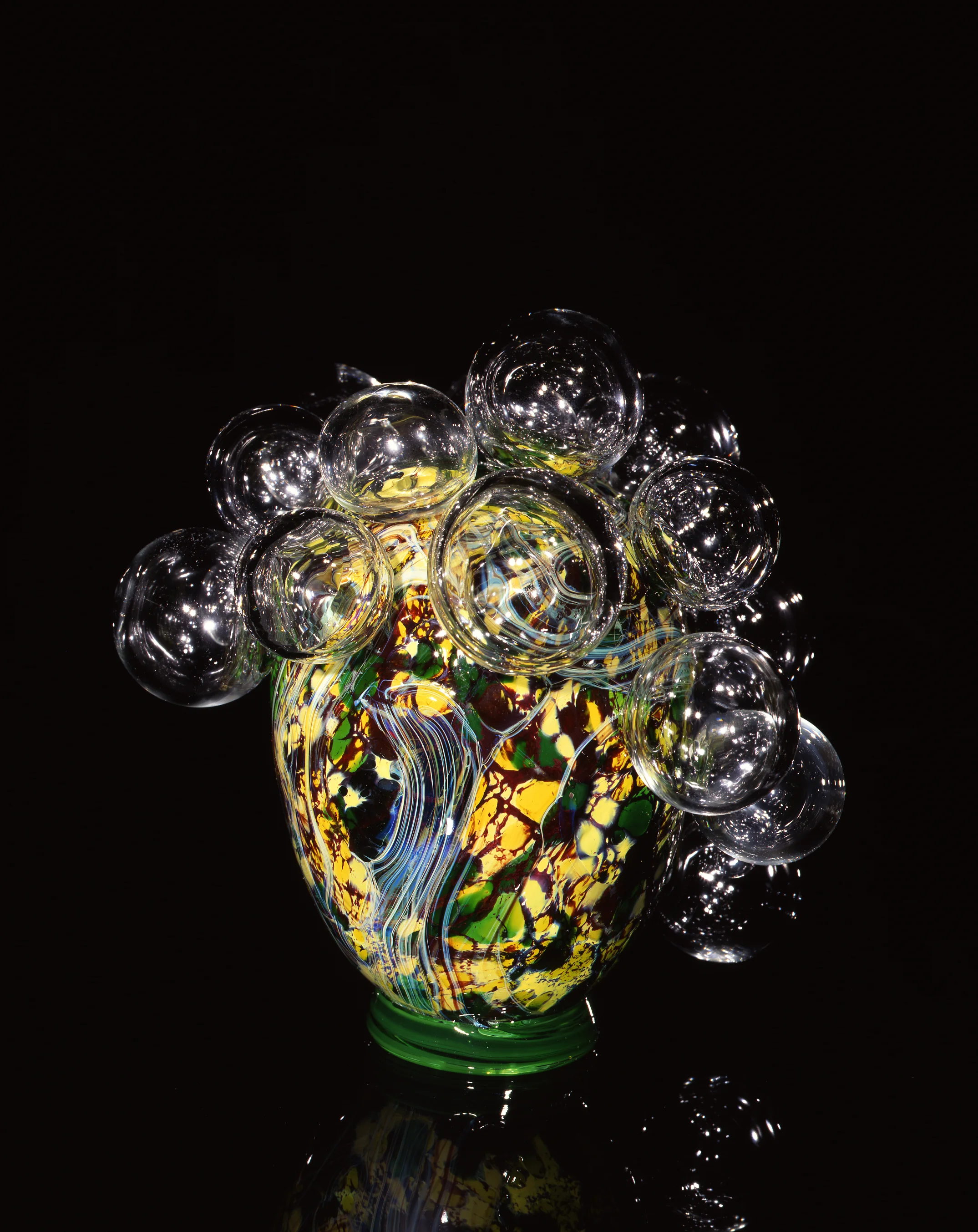 Dale Chihuly, Moss Green Spotted Piccolo Venetian with Clear Spheres (1997, glass, 8 x 8 x 9 inches)