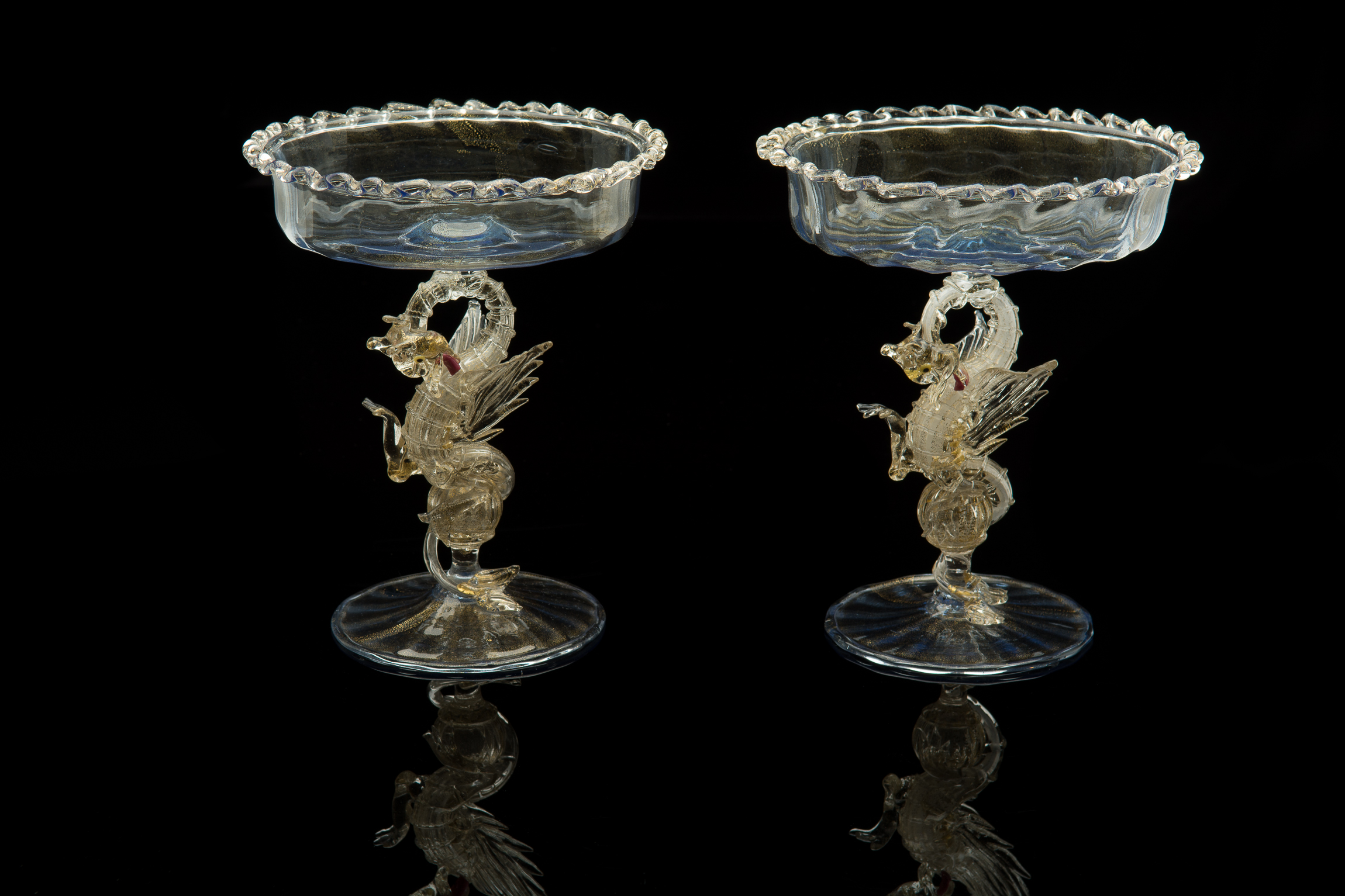  Artisti Barovier,  Two Pale&nbsp;  Blue and Gold Dragon Compotes&nbsp; (glass, 8 x 7 x 7 inches), VV.413, VV.420 