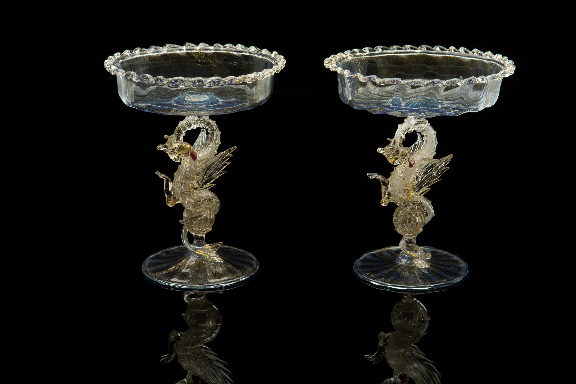 Artisti Barovier, Two Pale Blue and Gold Dragon Compotes (glass, 8 x 7 x 7 inches), VV.413, VV.420