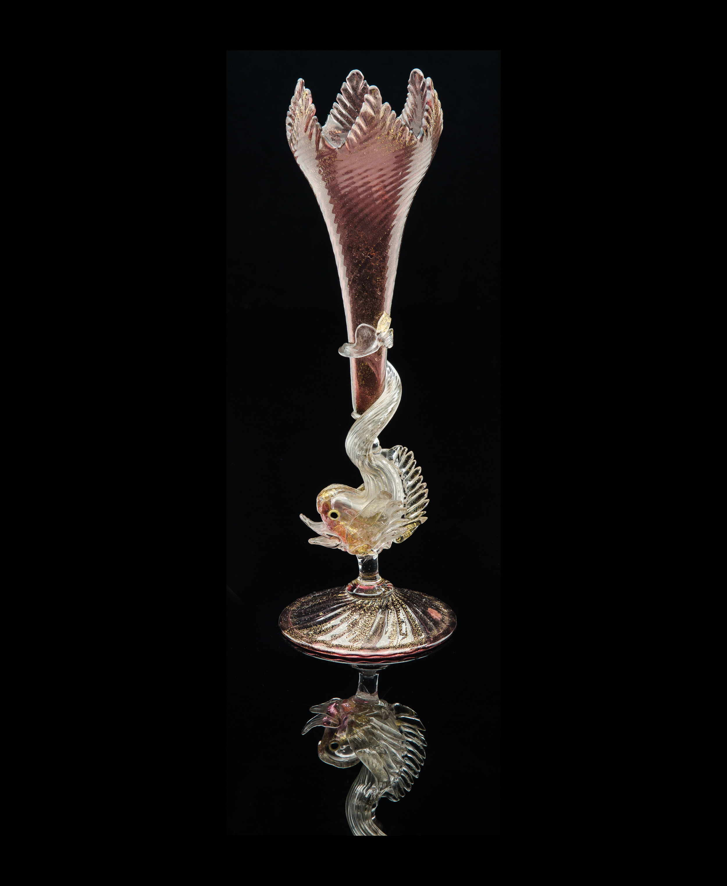  Salviati and Company,&nbsp; Maroon Tulip Form Vase with Dolphin Stem&nbsp; (glass, 12 1/4 inches), VV.341 