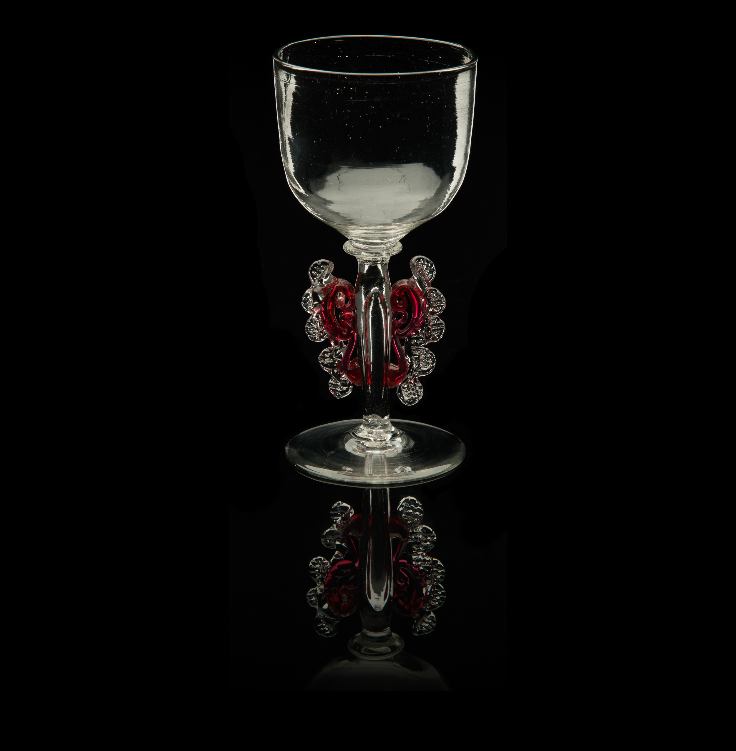  Unknown Venetian,&nbsp; Goblet with Ruby&nbsp;and Crystal Morise Decoration on Stem&nbsp; (17th-18th centuries,&nbsp;glass, 4 5/16 inches), VV.612 