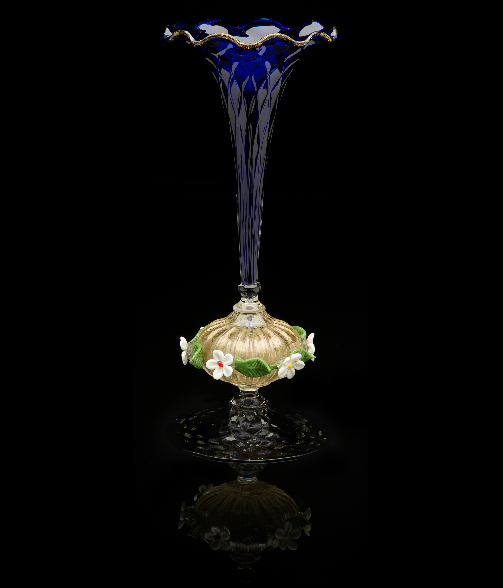  Fratelli Toso,&nbsp; Blue Trumpet Vase with Applied Flowers&nbsp; (circa 1920, glass, 12 inches), VV.476 