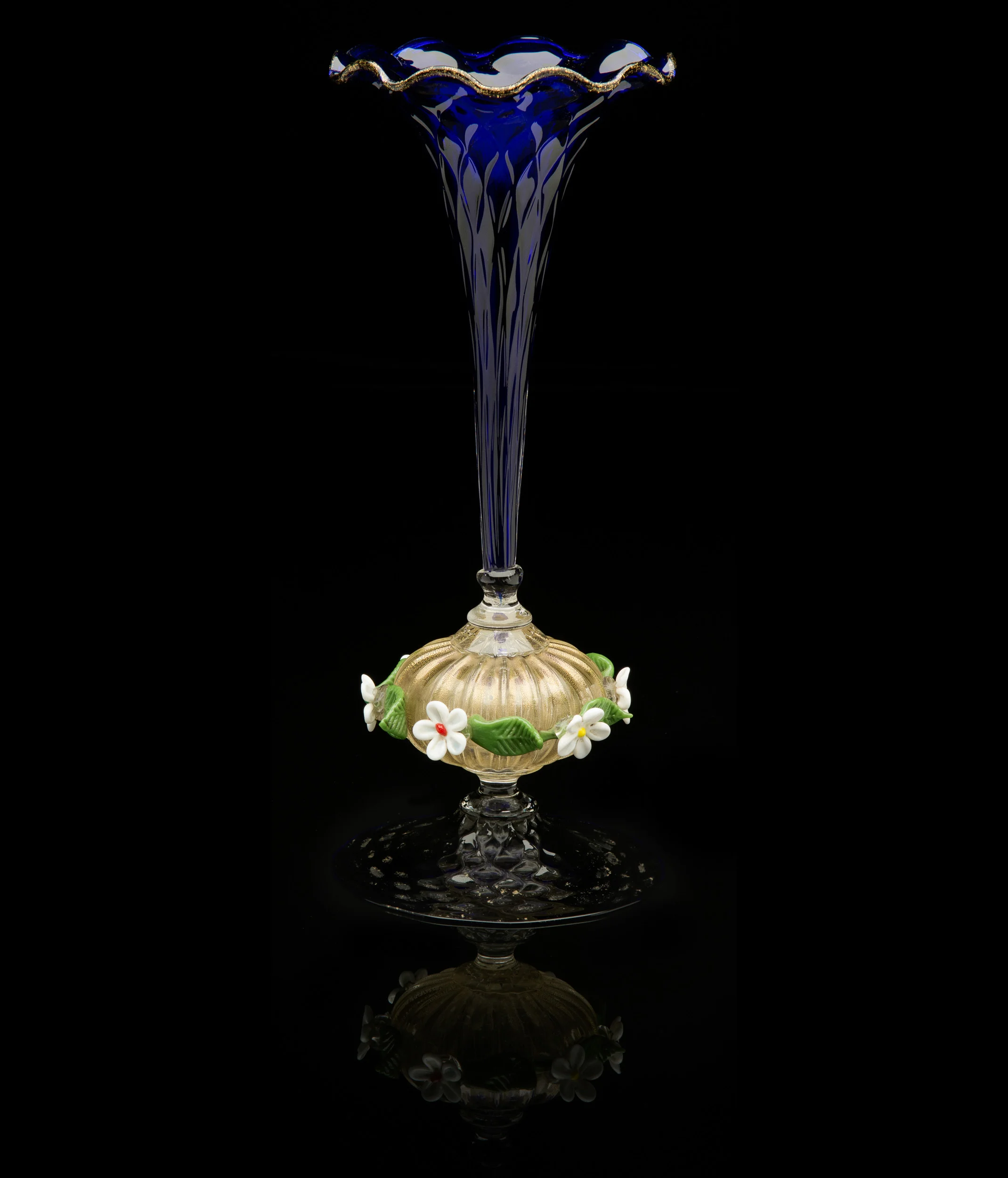 Fratelli Toso, Blue Trumpet Vase with Applied Flowers (circa 1920, glass, 12 inches), VV.476