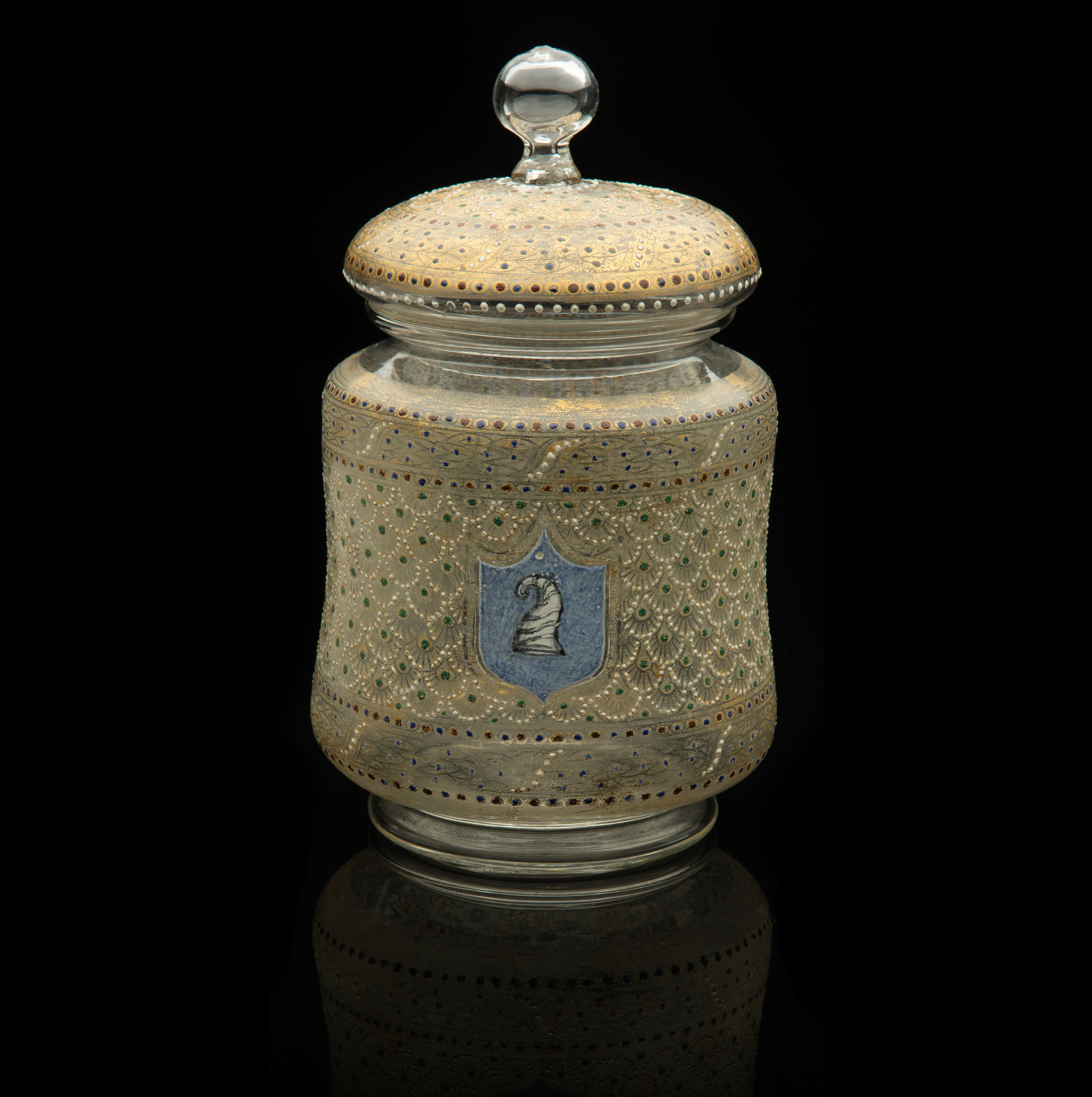  Salviati and Company,&nbsp; Lidded Jar with Doge Cap Emblem &nbsp;(circa 1885, glass and gilding, 8 3/4 x 5 x 5&nbsp;inches), VV.481 