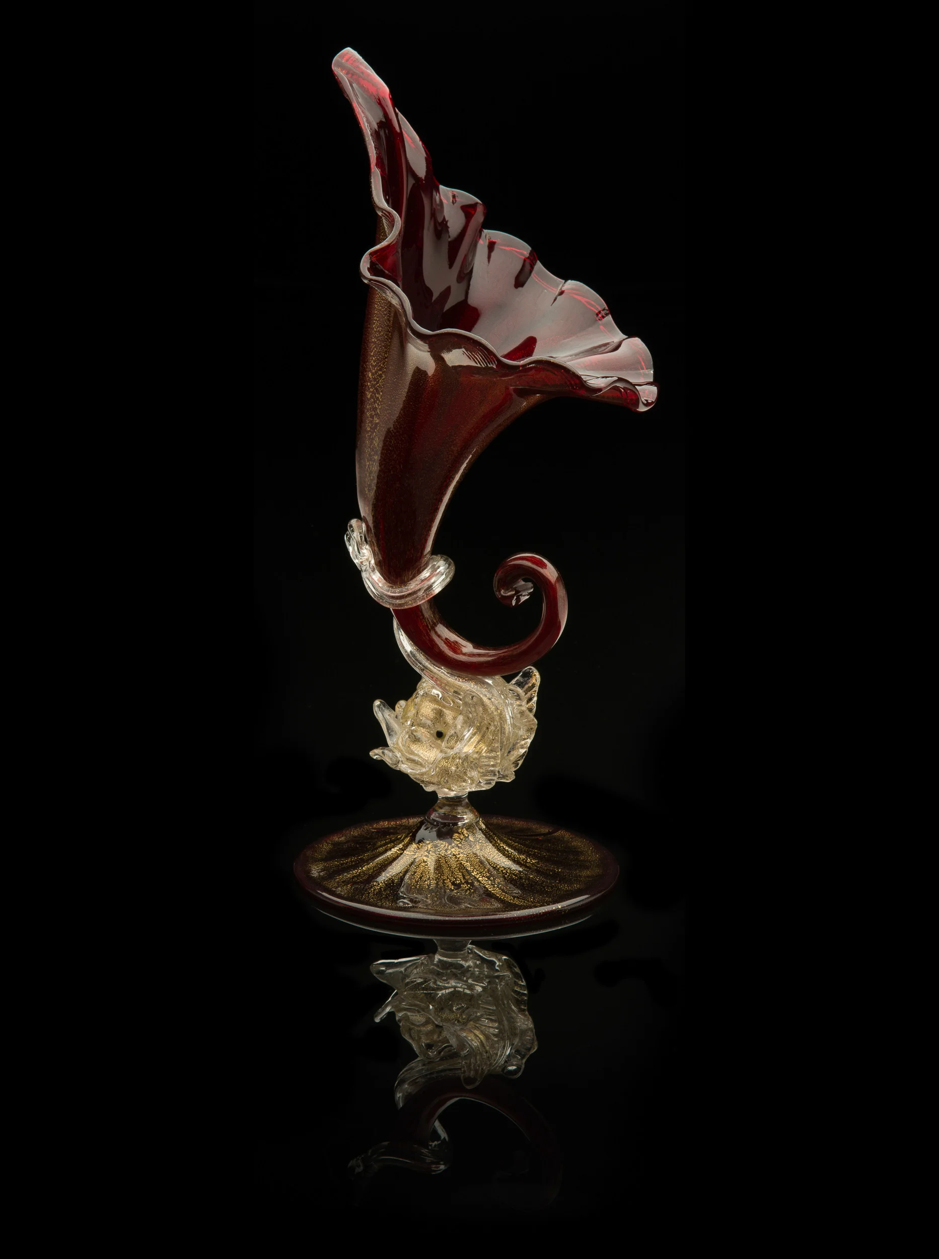 Salviati and Company, Ruby Red Venetian Horn of Plenty with Dolphin Stem and Twisted Tail (1864-1870, glass, 11 1/2 x 4 1/2 inches), VV.524