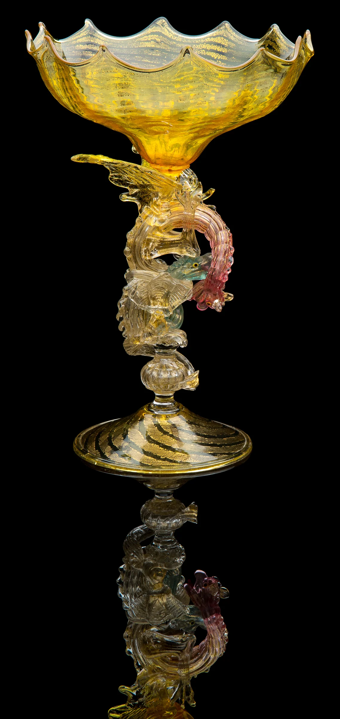 Giulio Salviati Yellow Spiral Compote with Two Fighting Dragon (circa 1892, glass, 12 inches), VV.865