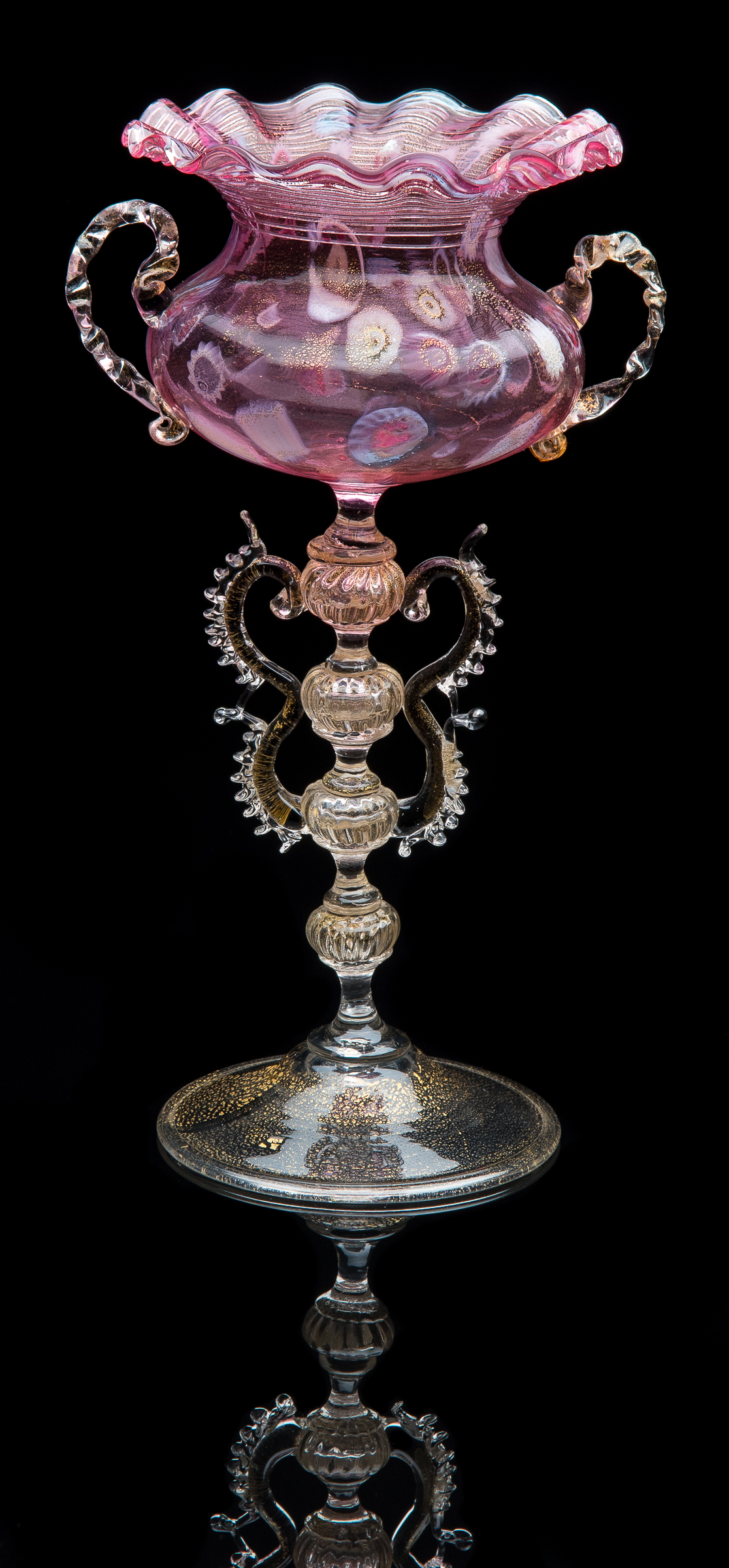  Fratelli Toso,  Pink and Murrhine Goblet with Colorless Handles and Complex Morise Stem  (circa 1895, glass, 9.75 inches), VV.906 