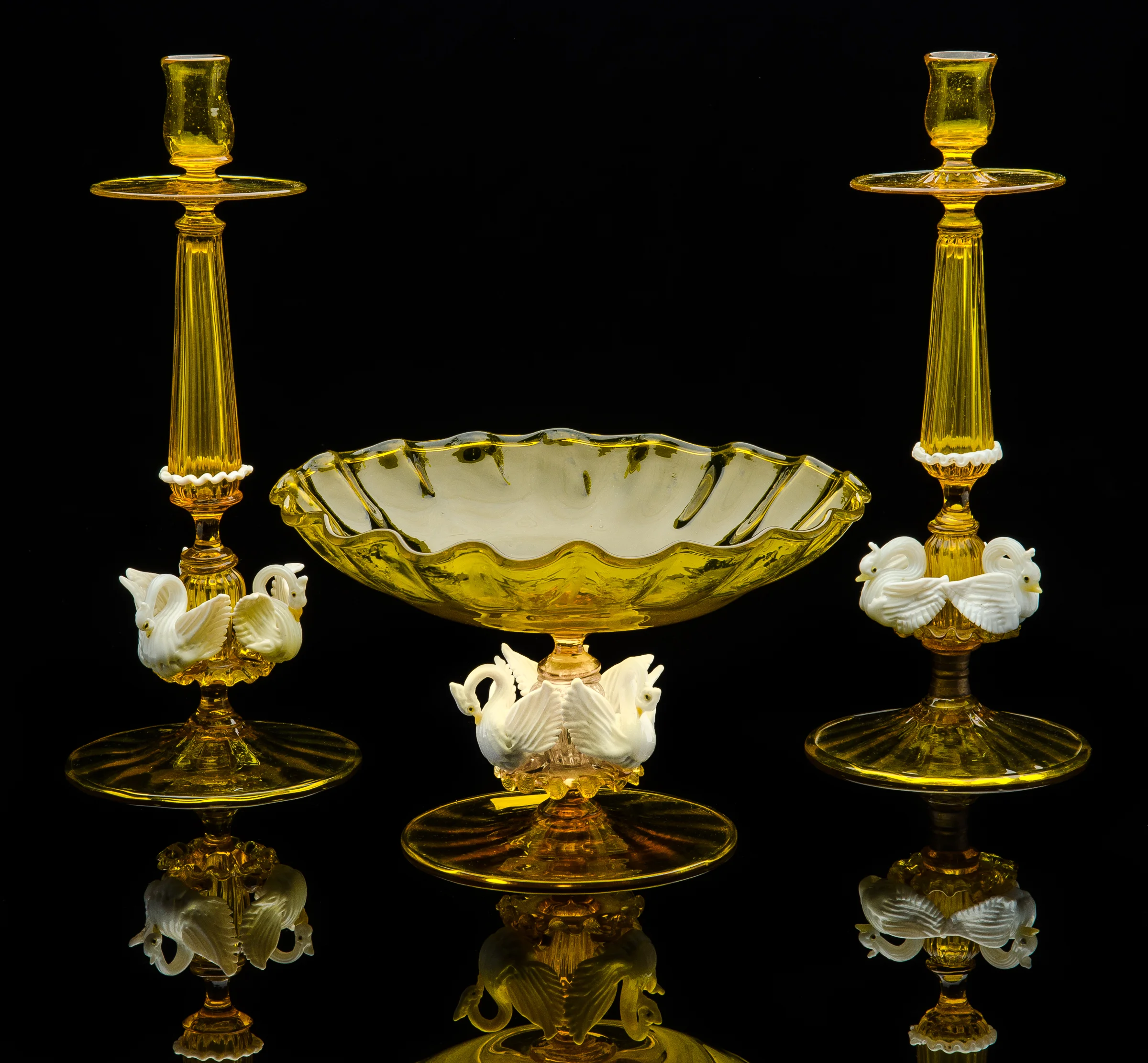 Artisti Barovier, Garniture: Yellow Compote and Pair of Candlestics (glass), VV.158