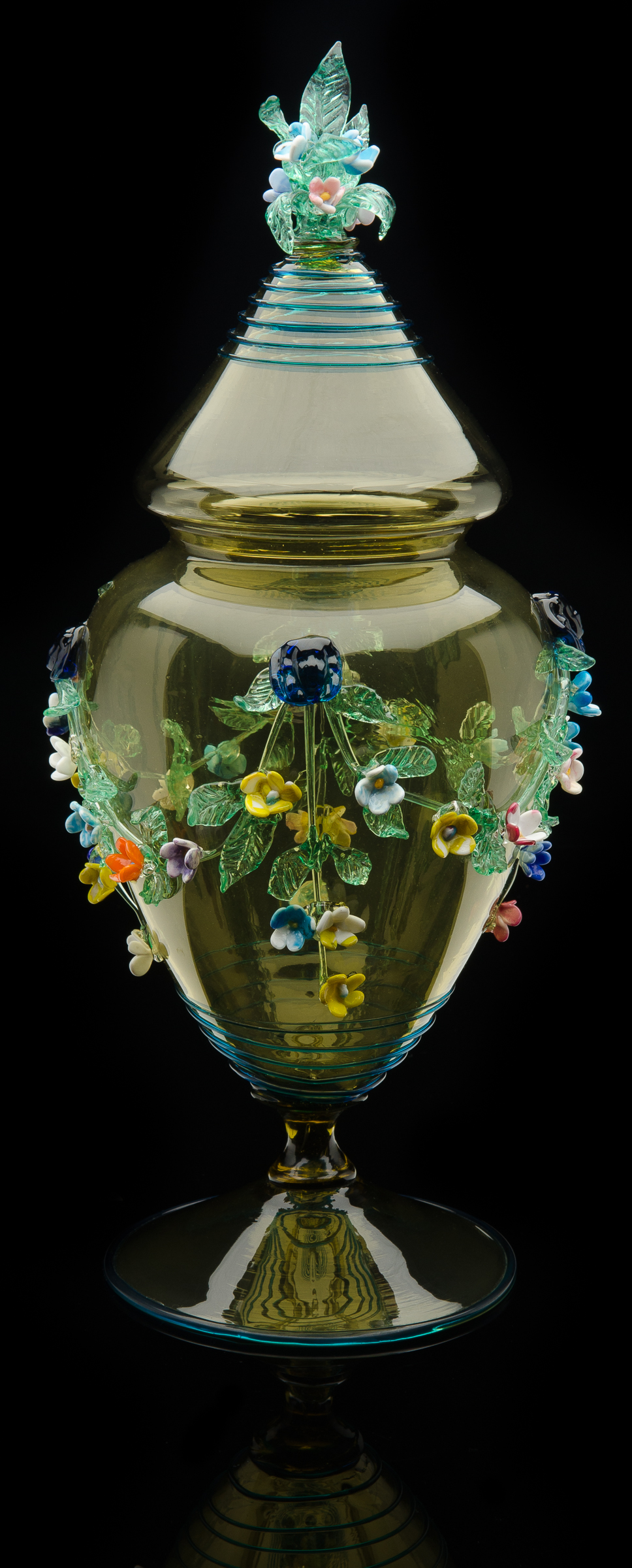  Artisti Barovier,  Green Smoke Lidded Urn with Applied Flowers  (circa 1895, glass, 15 inches), VV.295 