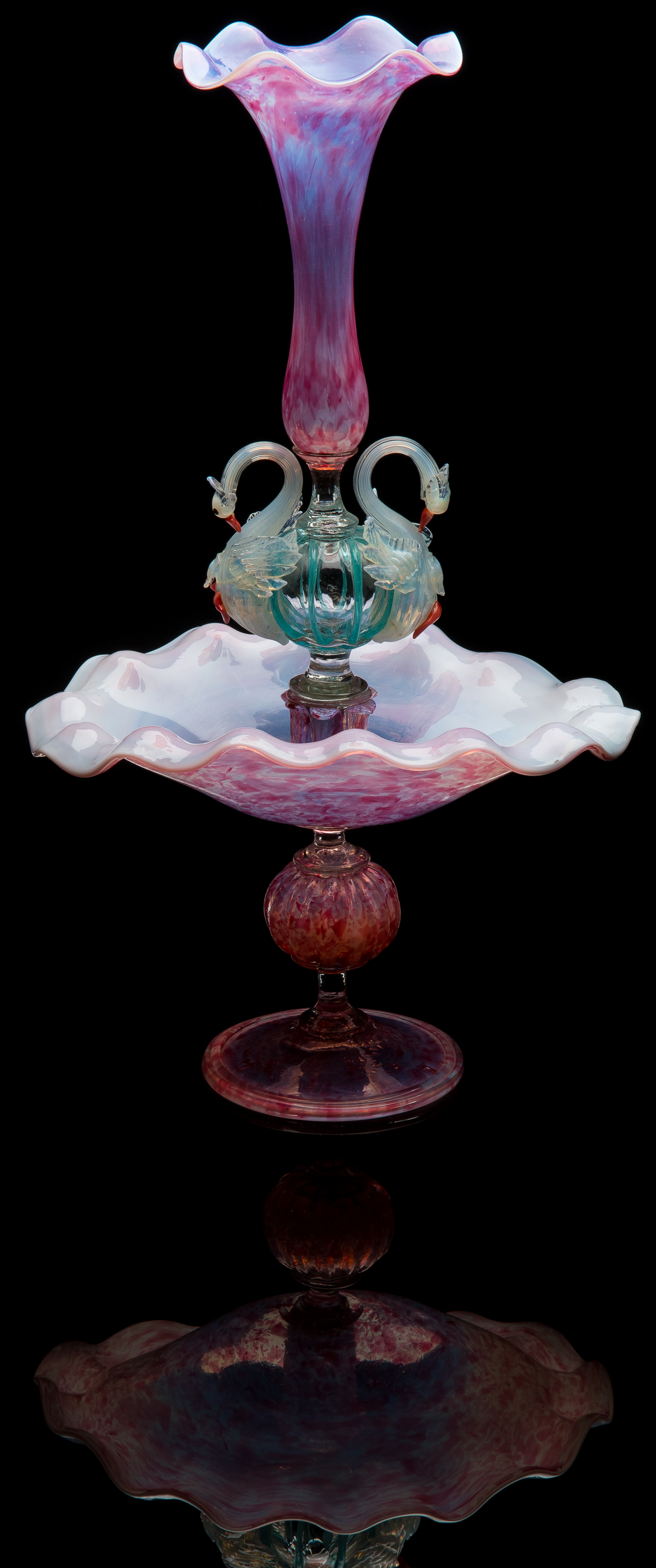  Salviati and Company,  Pink and Opalescent Swans Epergne  (circa 1880, glass, 21 inches), VV.1072 