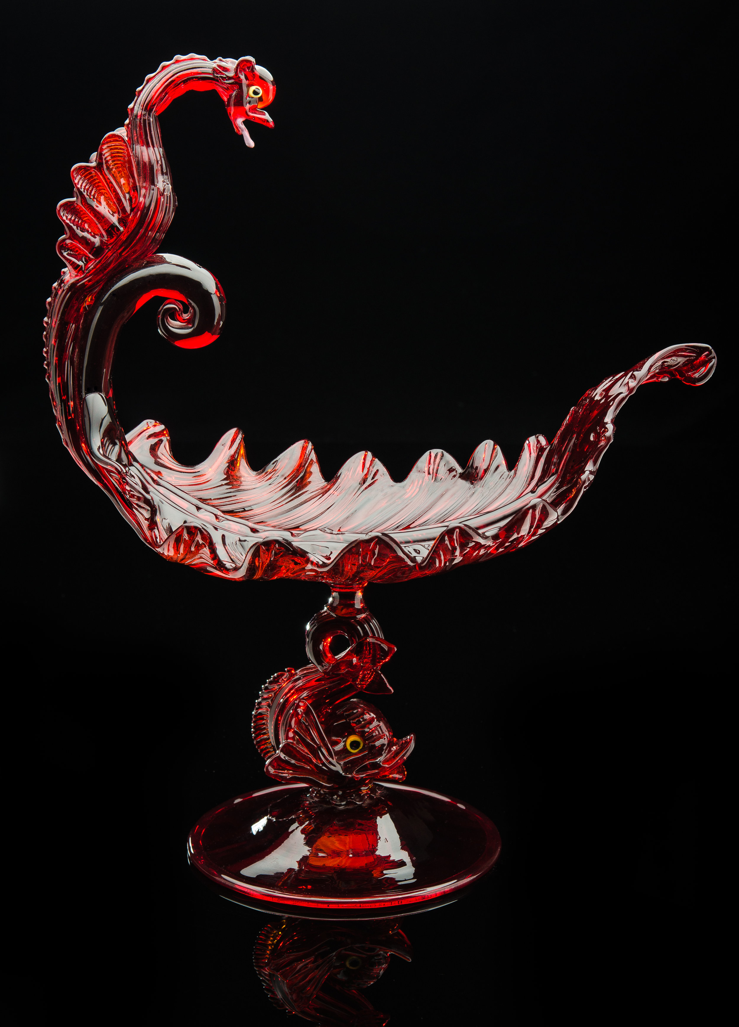  Salviati and Company,  Red Leaf Compote with Dragon and Fish Stem  (circa 1910, glass, 15 inches), VV.111 