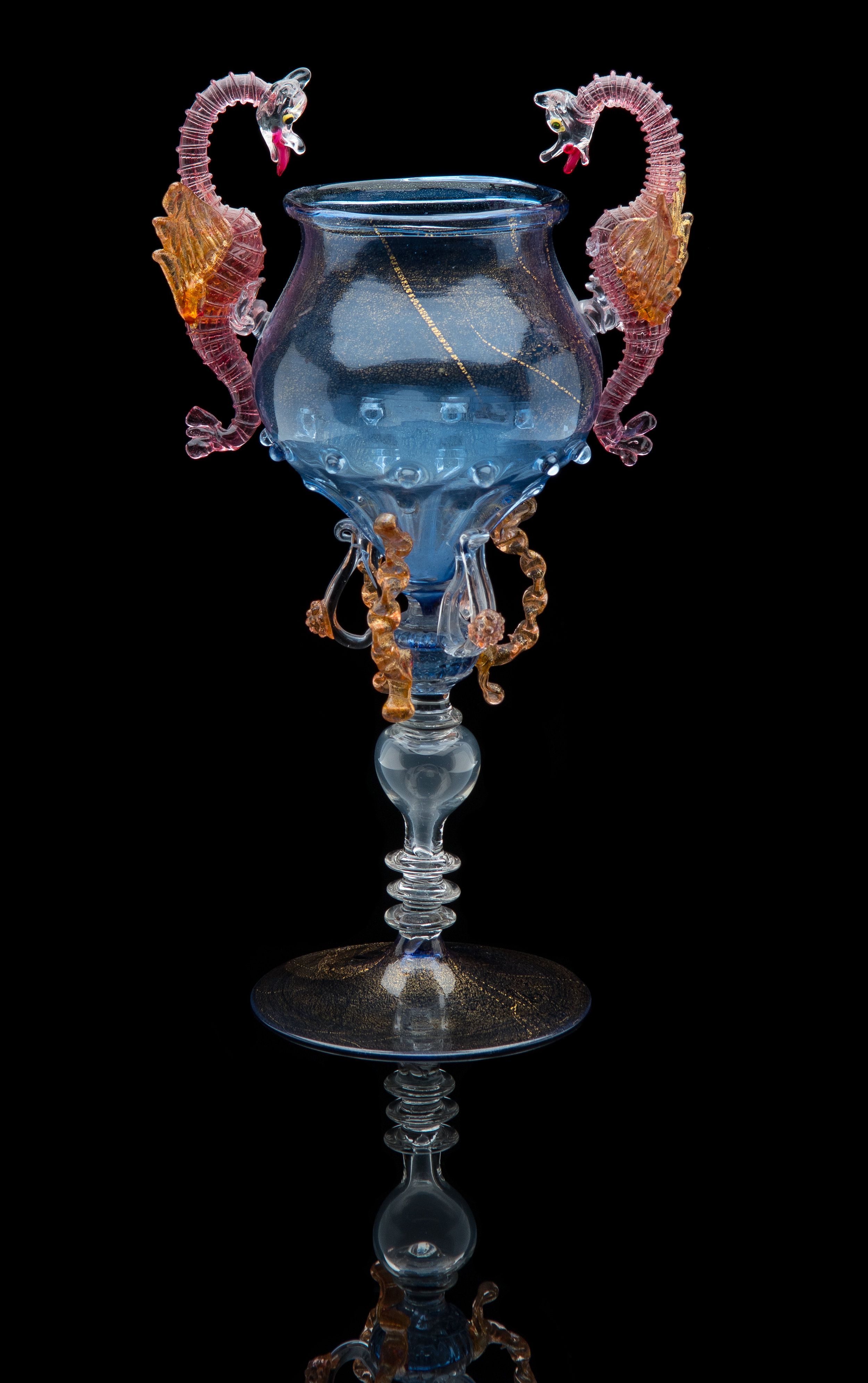  Salviati and Company,  Blue Goblet with Pink Dragon Handles and Morise on Stem  (circa 1885, glass), VV.991 