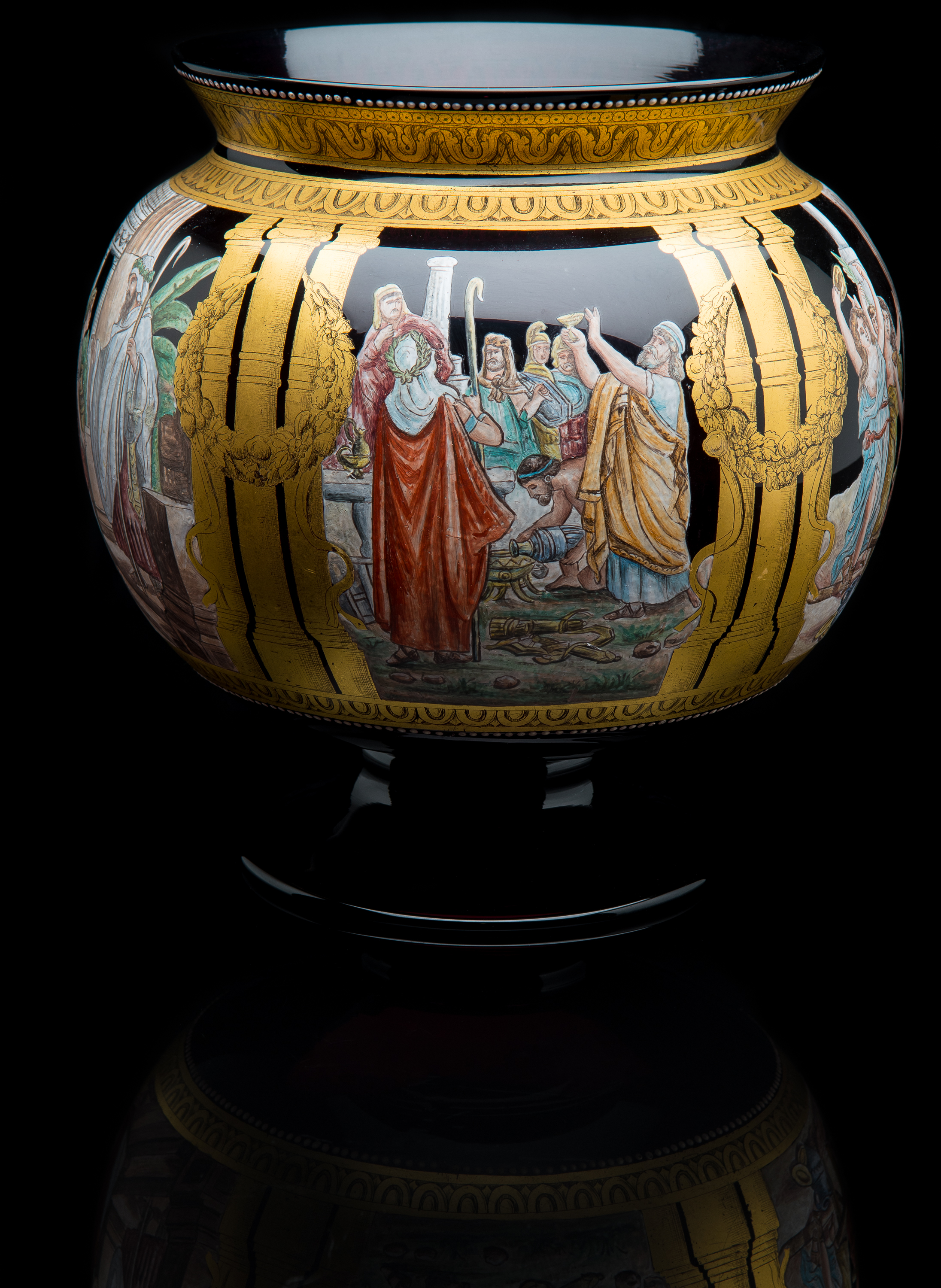  Unknown,  Amethyst Pedestal Bowl with Enameled Classic Scenes  (glass, 9.5 inches), VV.1018 