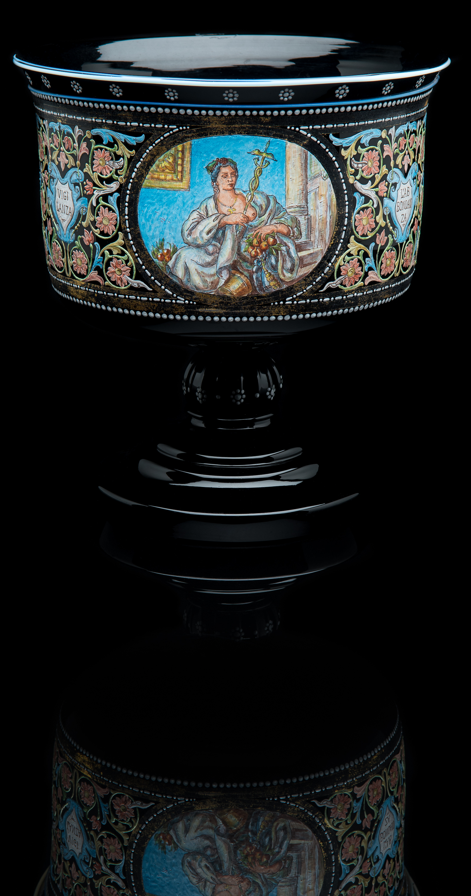  Unknown,  Amethyst Pedestal Bowl with Enameled Neoclassical Women  (glass, 7.5 inches), VV.1024 