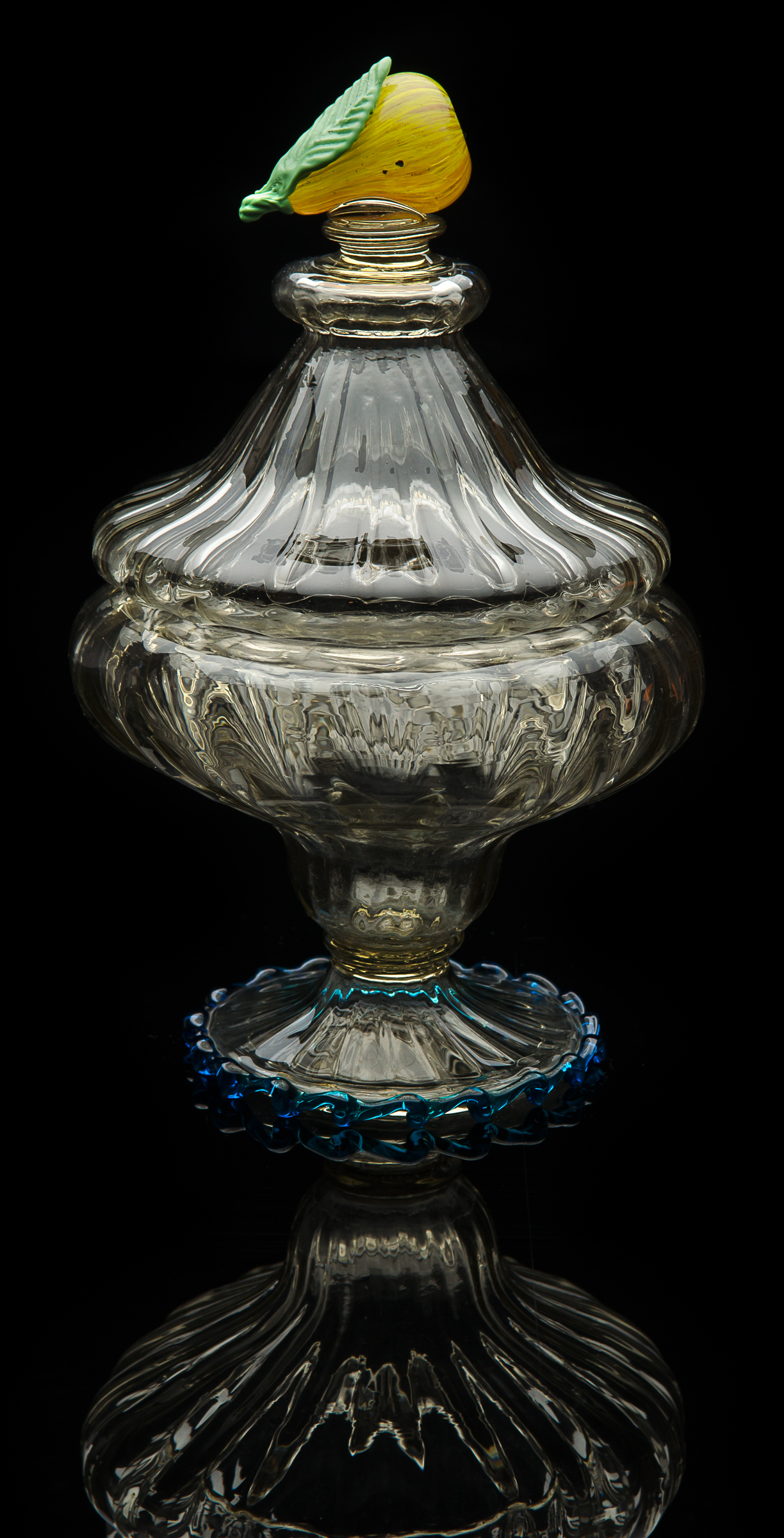  Unknown,  Green Covered Jar with Lemon Finial and Applied Handles  (glass, 5 3/8 inches), VV.386 