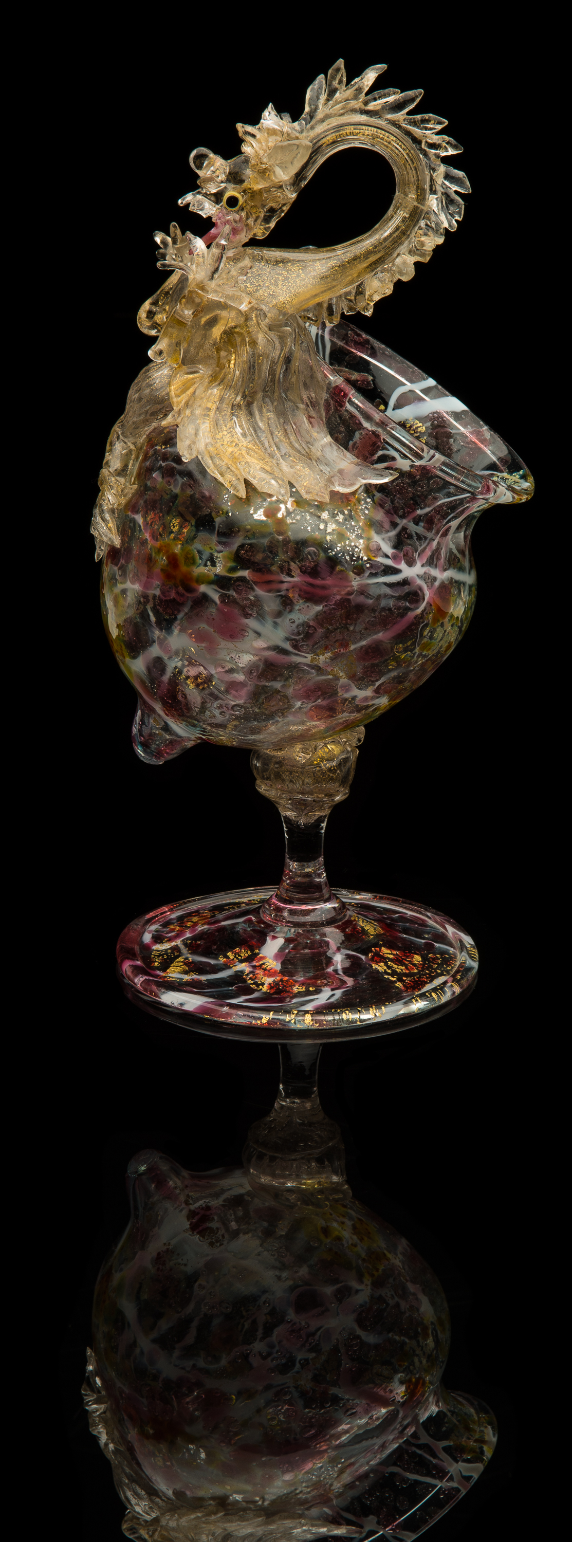  Venice and Murano Company,  Multicolored Offset Standing Bowl with Dragon  (circa 1880, glass, 13 inches), VV.758 