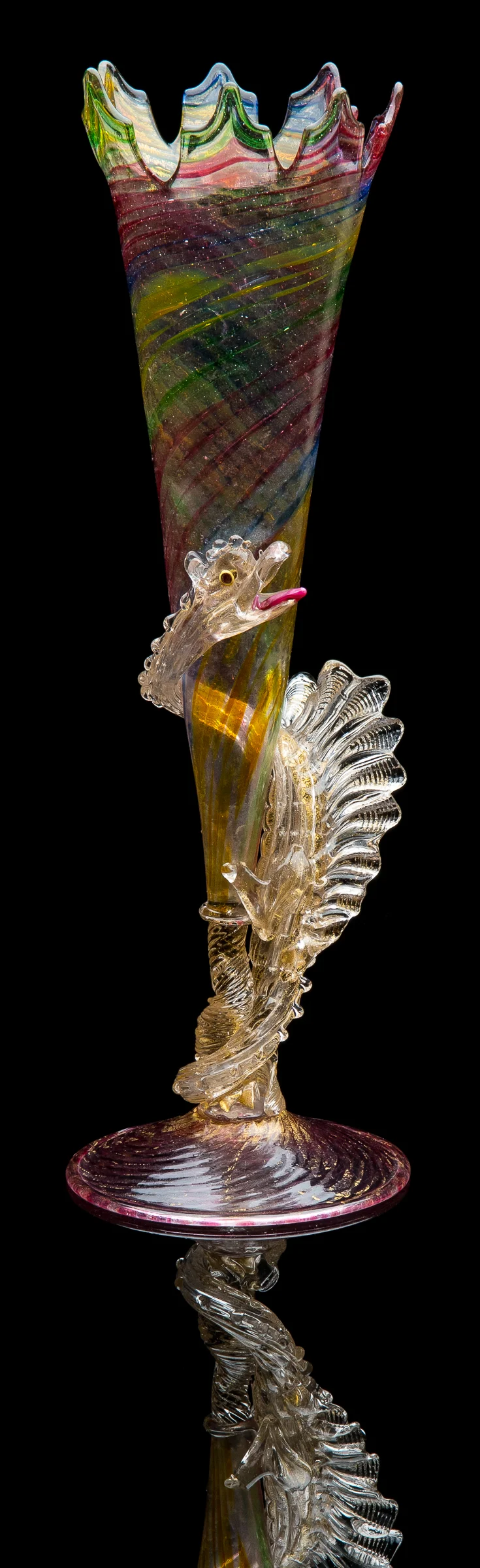 Artisti Barovier for Salviati, Multicolored Flute with Polveri Dragon Stem (circa 1896, glass, 15 inches), VV.831