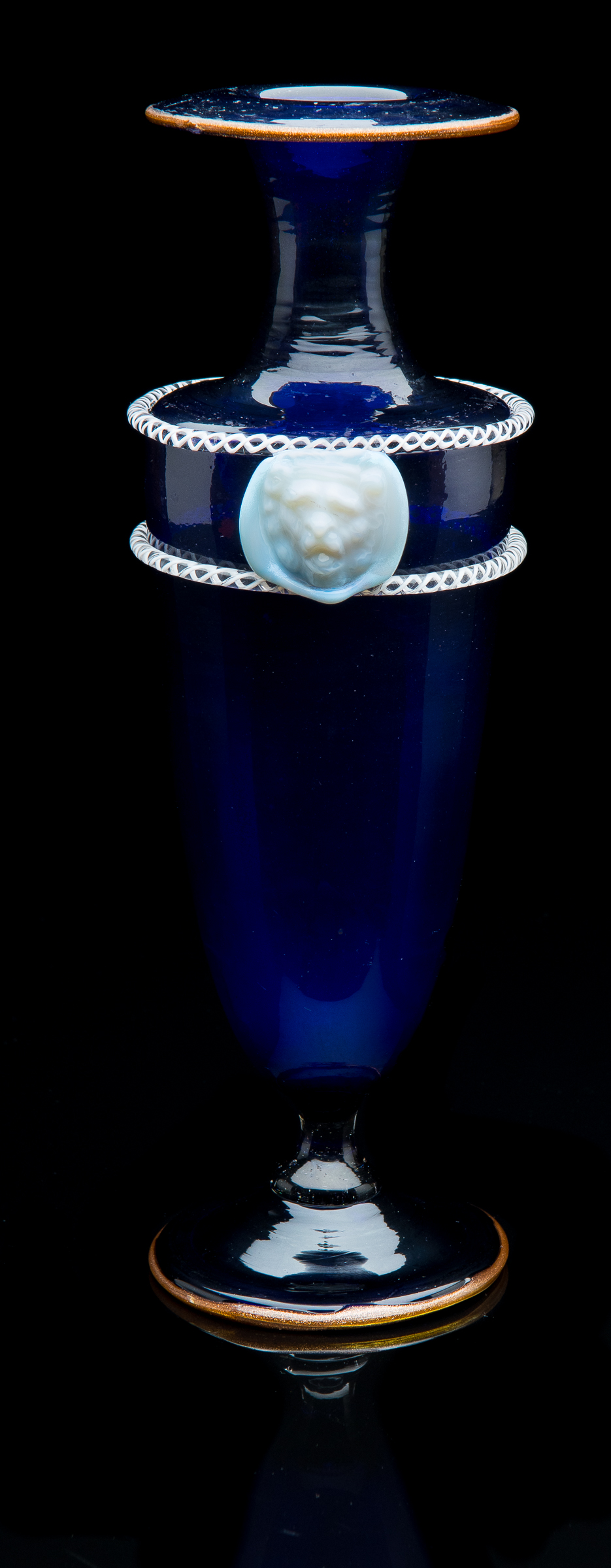  Salviati and Company,  Cobalt Blue Vase with White Lion Head Masks and Applied Trailing  (1866, glass, 10.75 inches), VV.864 