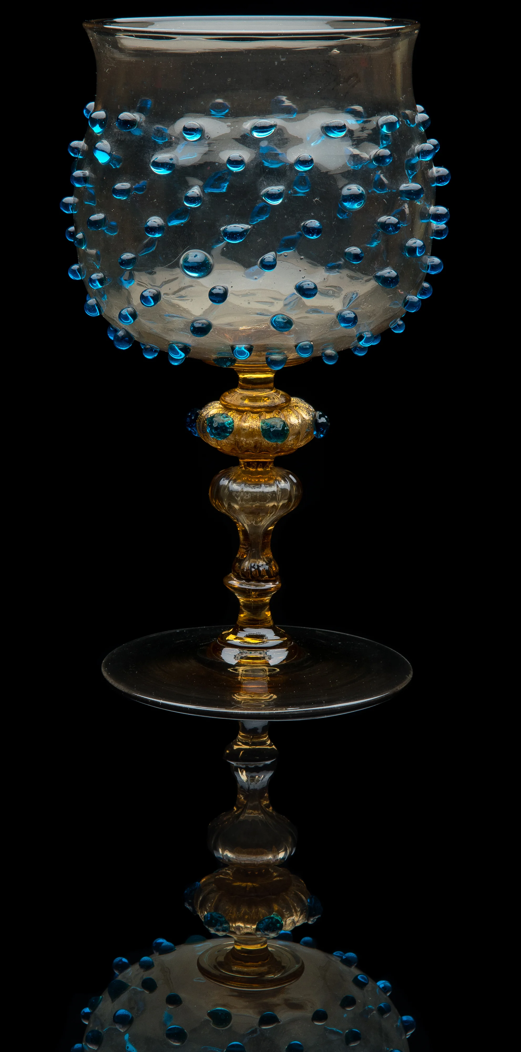 Salviati and Company, Amber Goblet with Applied Blue Beads and Hollow Stem (glass, 8 1/8 inches), VV.880