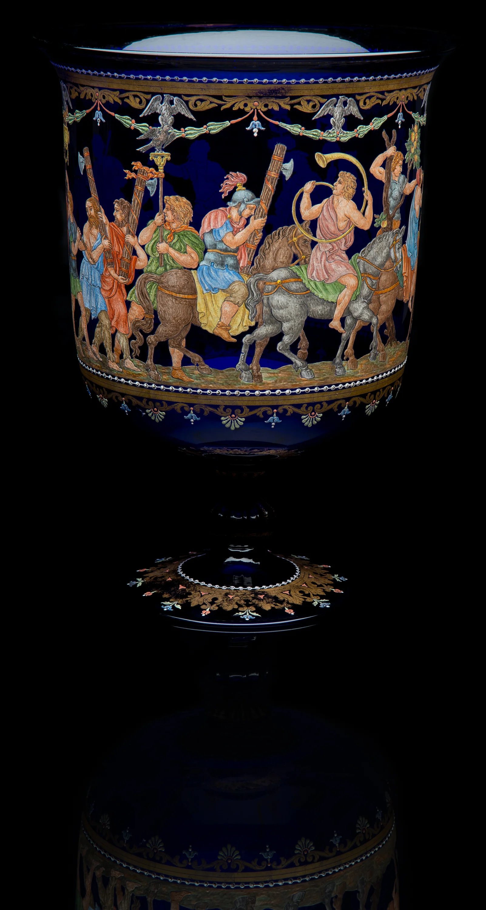 Unknown Venetian, Cobalt Blue Enameled Pedestal Vase Depicting Roman Procession (glass, 14.5 inches), VV.1029