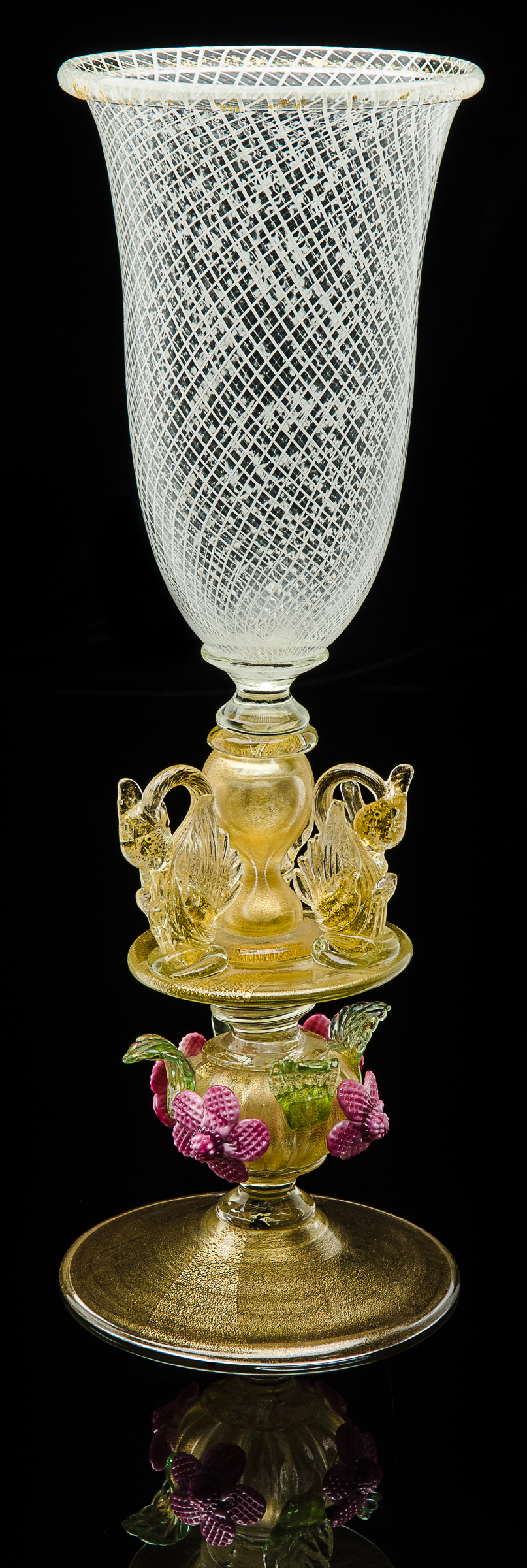  Elite Art Glass Company,  Footed Vetro a Reticello Vase with Swans and Flower  (1985, glass, 17 inches), VV.68 