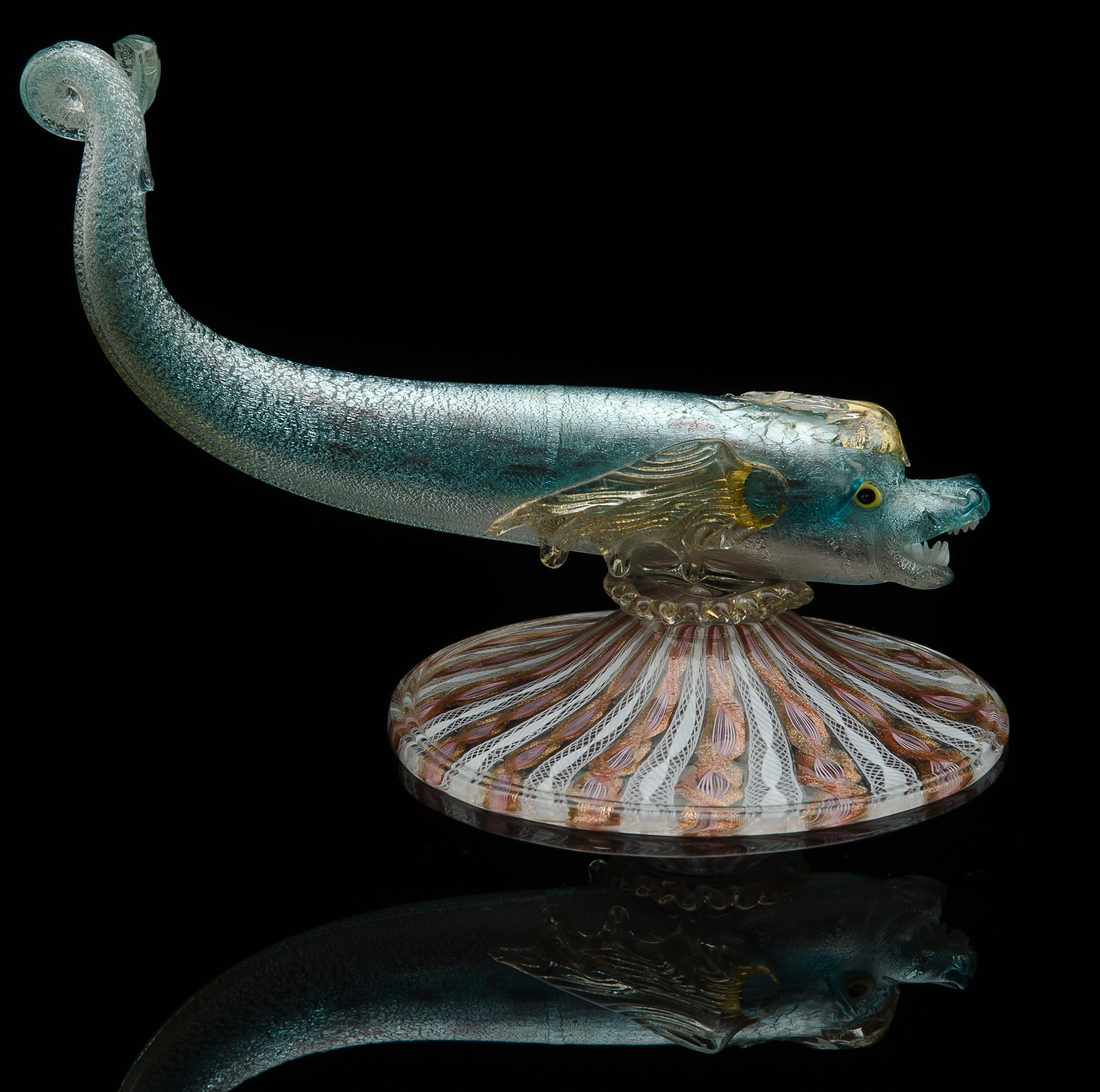  Salviati and Company,  Mythological Fish with Teeth on Vetro a Retorti Base  (1880, glass, 6 inches), VV.90 