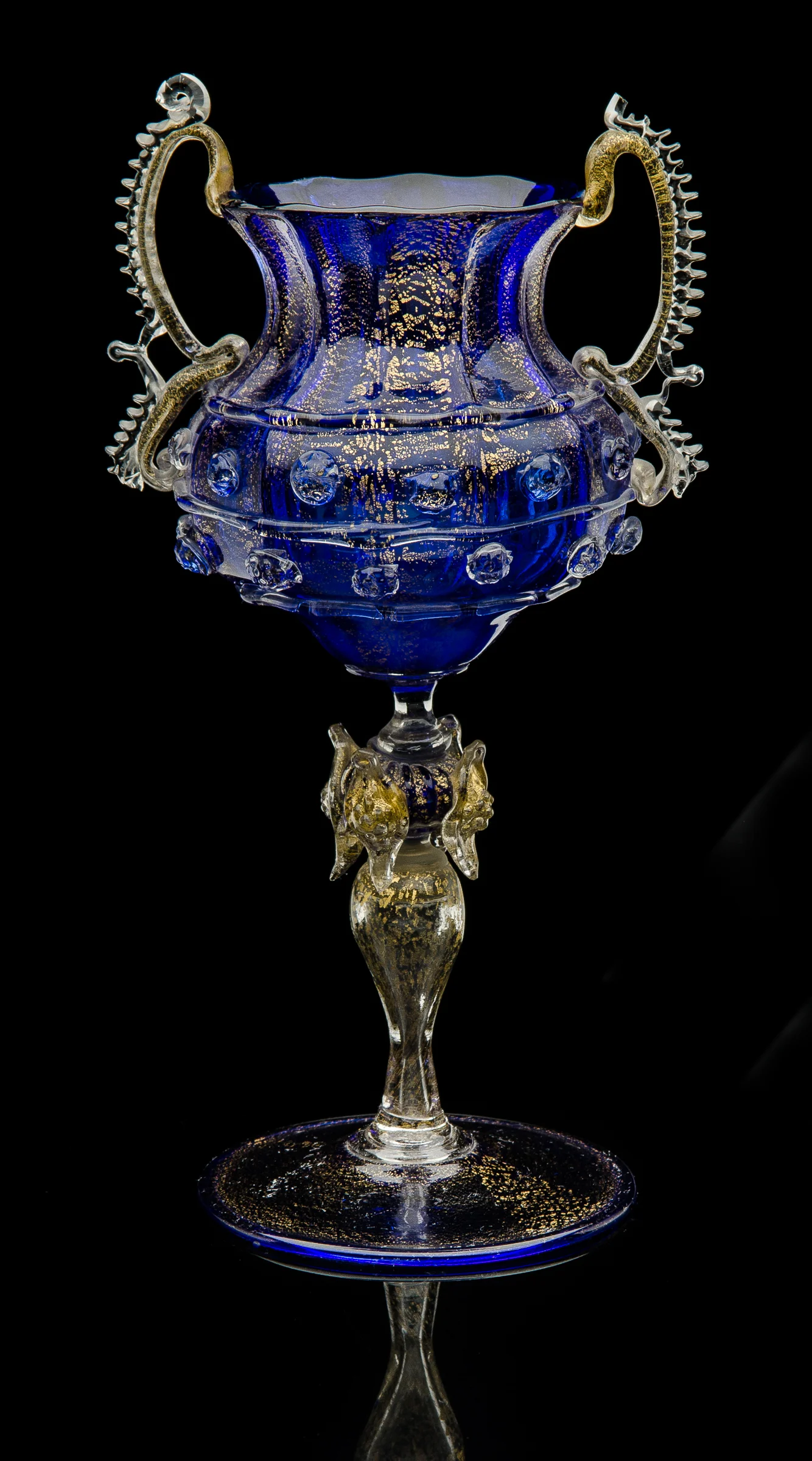 Fratelli Toso, Cobalt Blue Double Handled Vase with Aventurine (1885, glass, 7.5 inches), VV.209