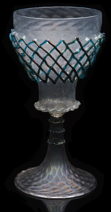 Unknown, Iridescent Metalliforme Cage-cup with Cobalt Blue Applications (glass, 11.5 inches), VV.780