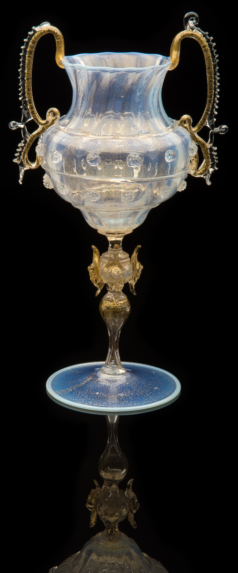  Salviati and Company,  Pale Blue Urn-shaped Vase with Hollow Winged Stem  (1890, glass, 9 inches), VV.11 