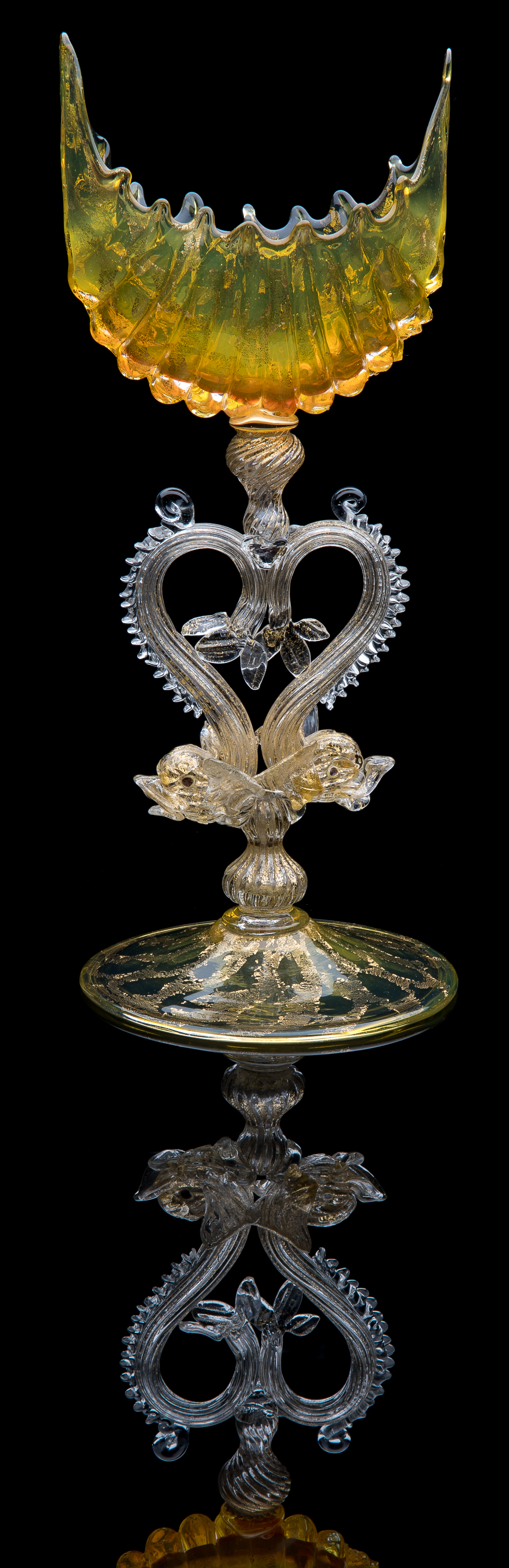  Murano Glass Company,  Large Golden Shell Taza with Heart Shaped Dolphin Stem  (1875, glass, 9 inches), VV.1103 