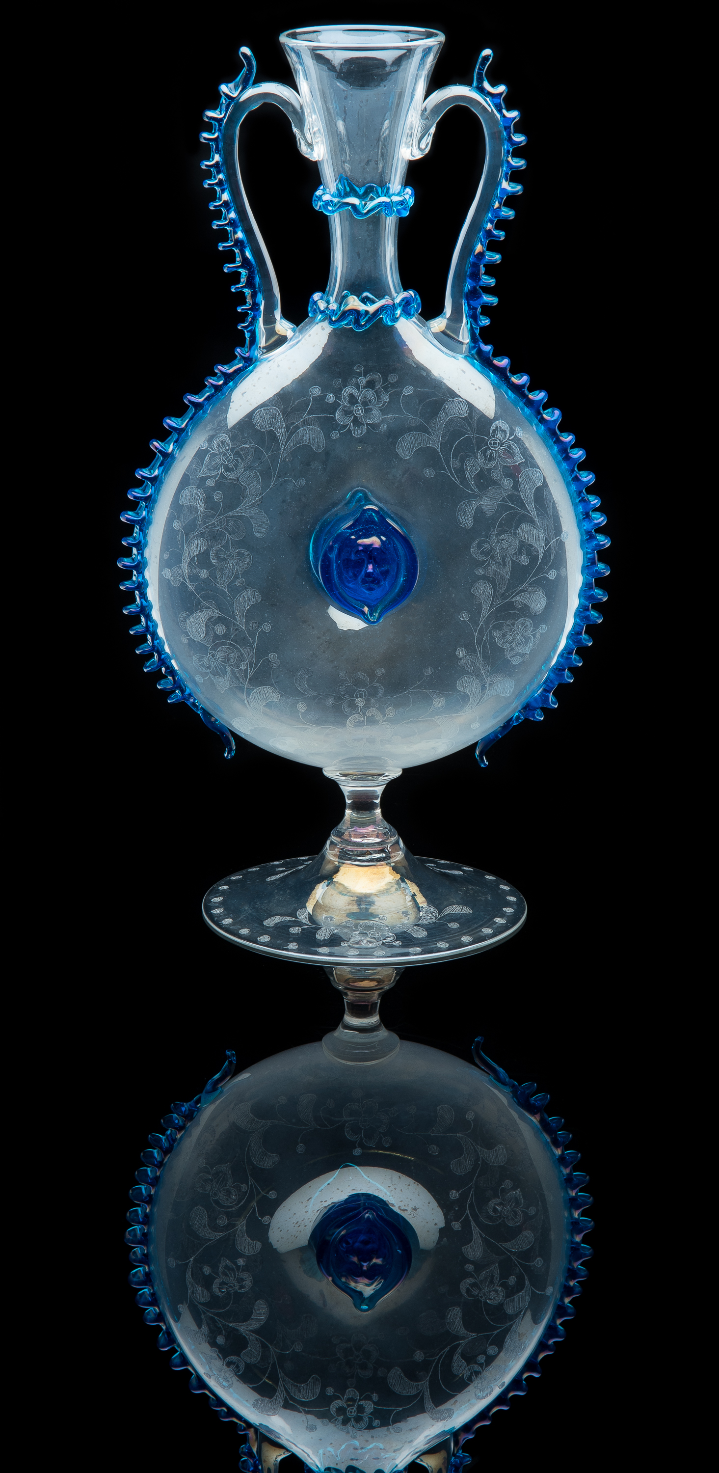  Salviati and Company,  Engraved Clear Vase with Cobalt Rigaree  (glass, 11 inches), VV.1114 