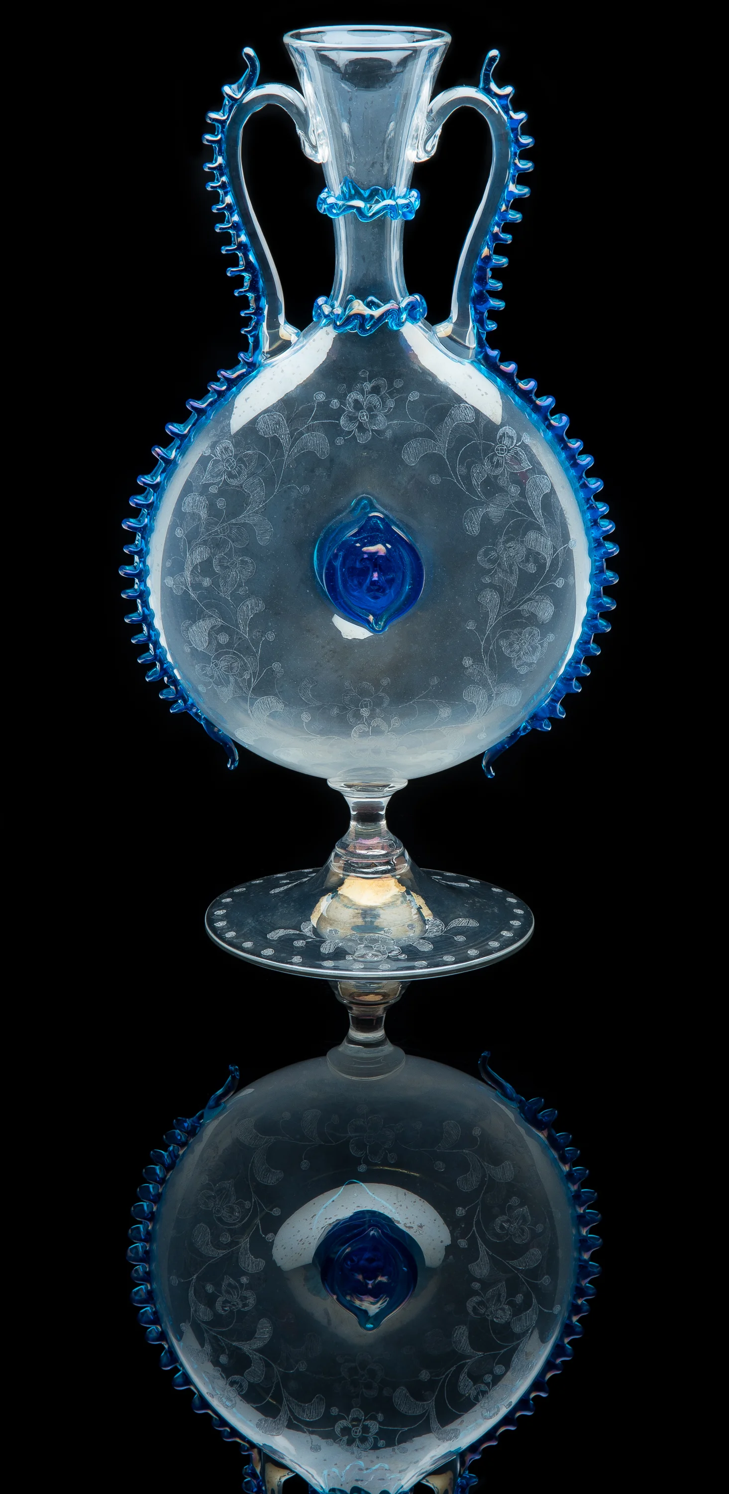 Salviati and Company, Engraved Clear Vase with Cobalt Rigaree (glass, 11 inches), VV.1114