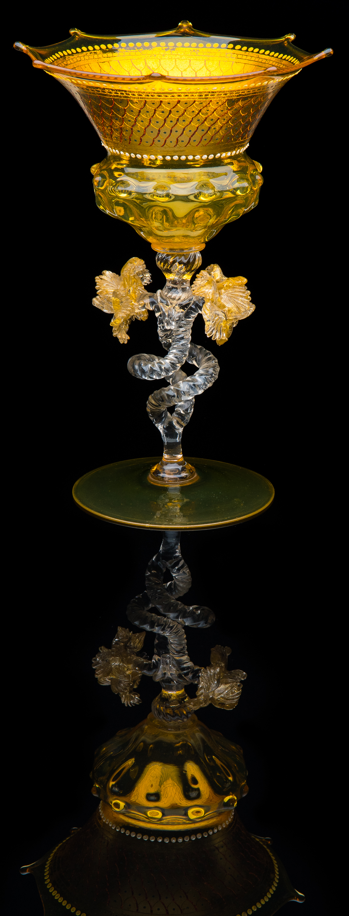  Salviati and Company,  Amber and Clear Goblet with Scalloped Rimmed Edge  (circa 1920, glass, 7 7/8 inches), VV.1115 