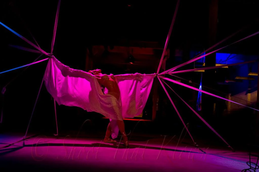 I'M TANGLED IN SILK WINGS AND WHTE ELASTIC.